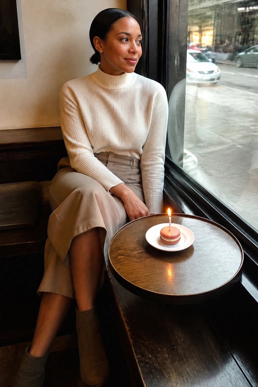 Woman wearing a cream ribbed turtleneck sweater tucked into a beige midi skirt with taupe suede ankle boots seated indoors beside a window.