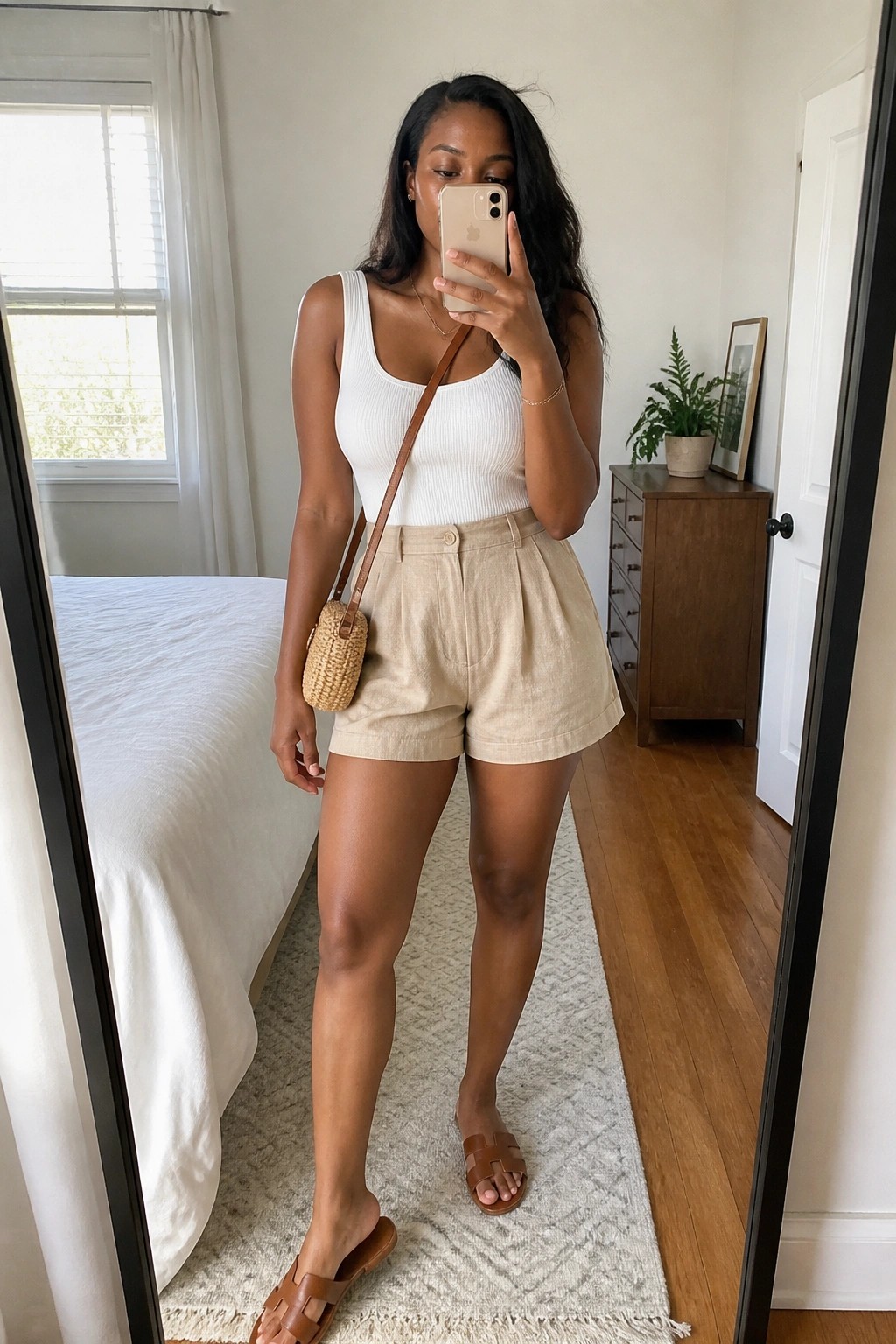 Woman in white tank top and beige shorts taking mirror selfie in bedroom.