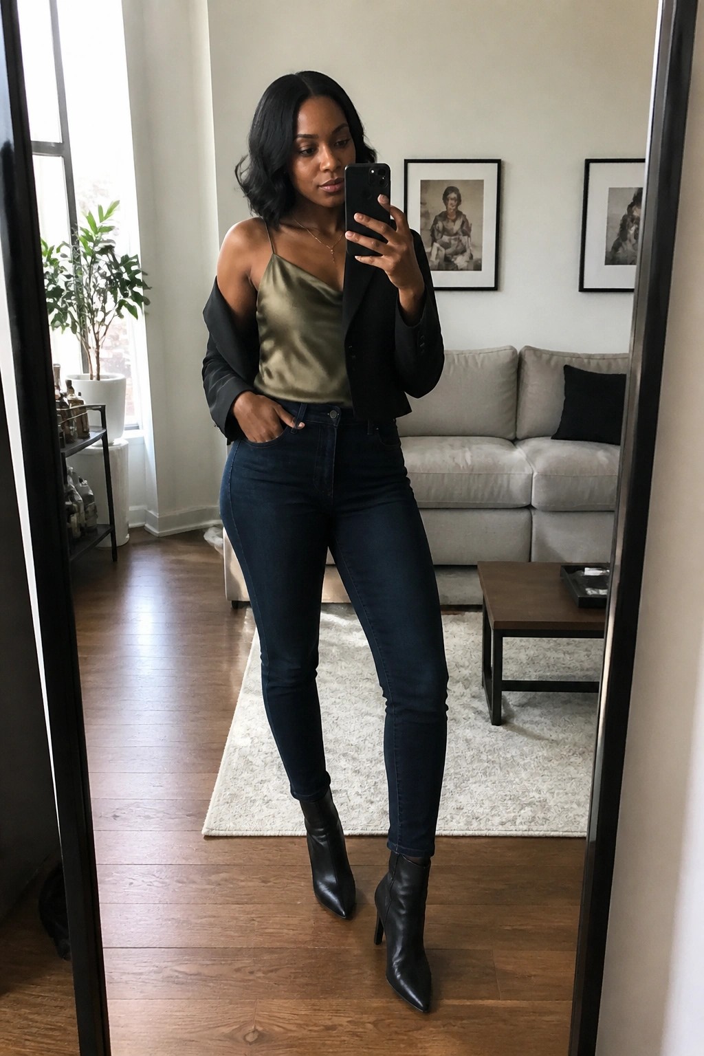 Woman in green satin top and black blazer taking mirror selfie in living room