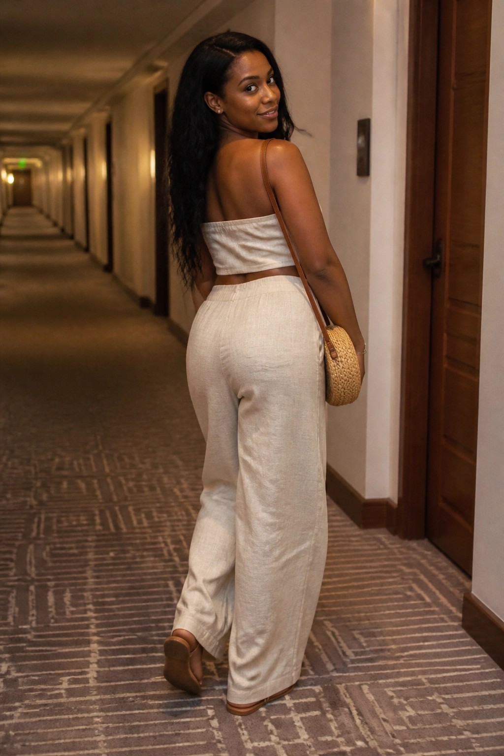 Woman in cream linen outfit glancing back in hotel hallway with woven bag