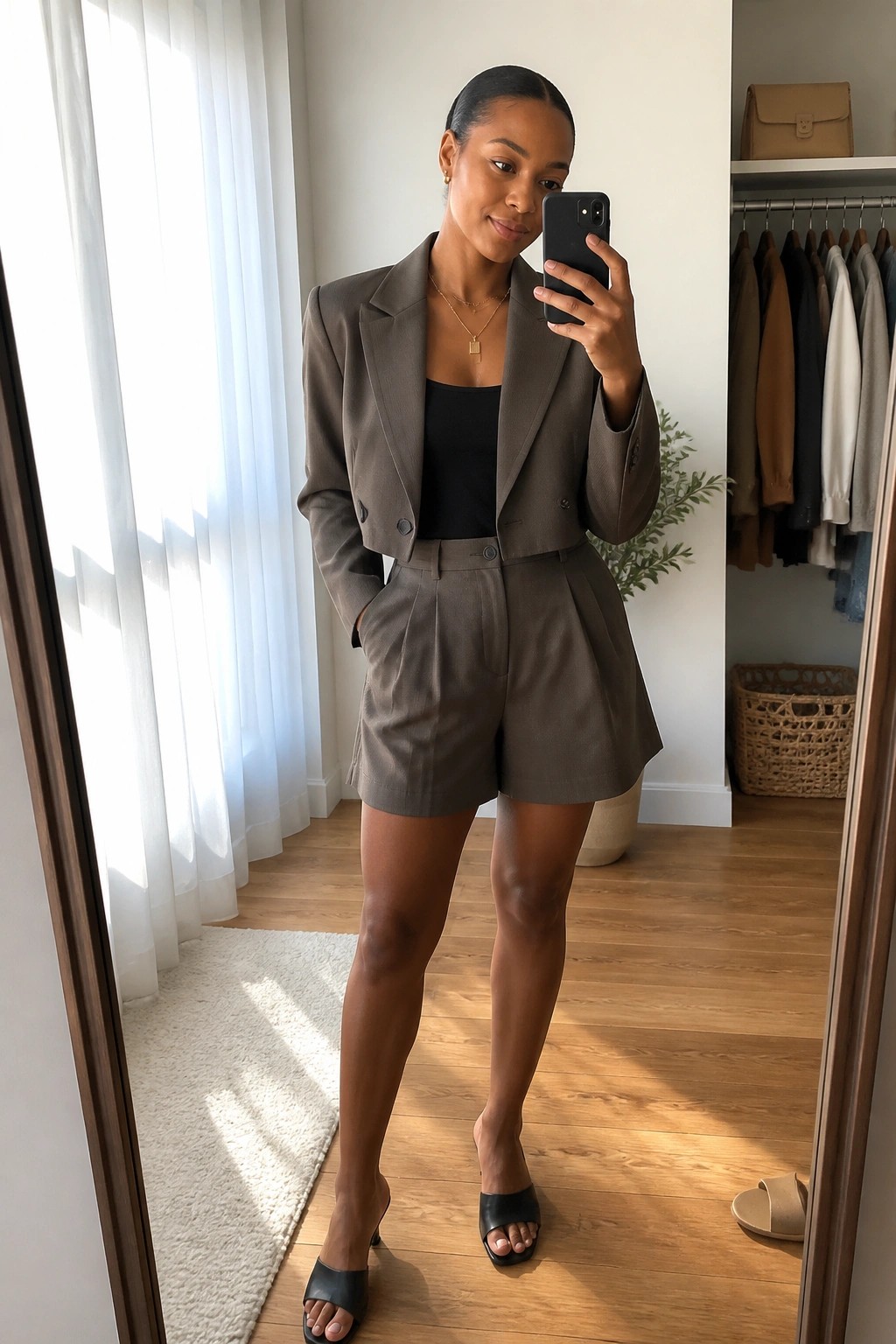 Woman in taupe cropped blazer and shorts taking mirror selfie in bedroom