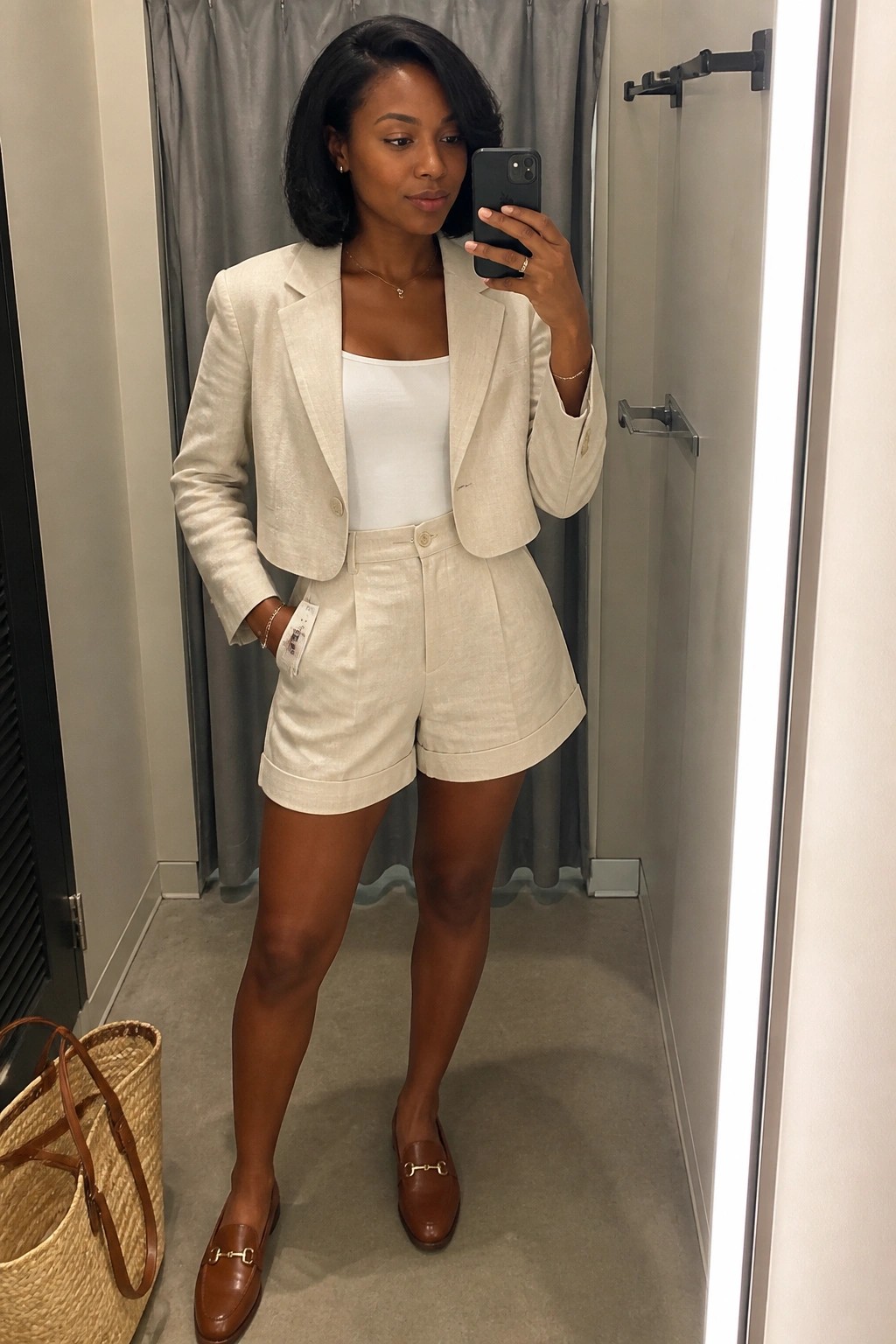 Woman in cream linen blazer and shorts taking mirror selfie in fitting room