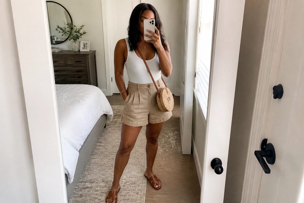 24 Miami Day-to-Night Outfits for Black Women That Transition Effortlessly Woman in white tank top and beige shorts taking mirror selfie in bedroom.