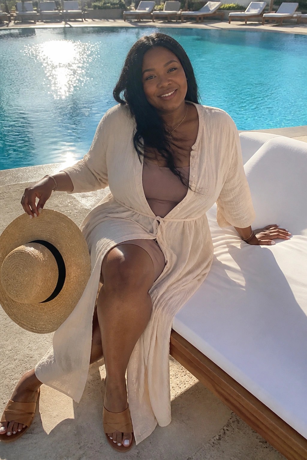 Woman in cream outfit holding straw hat seated poolside on white lounge chair