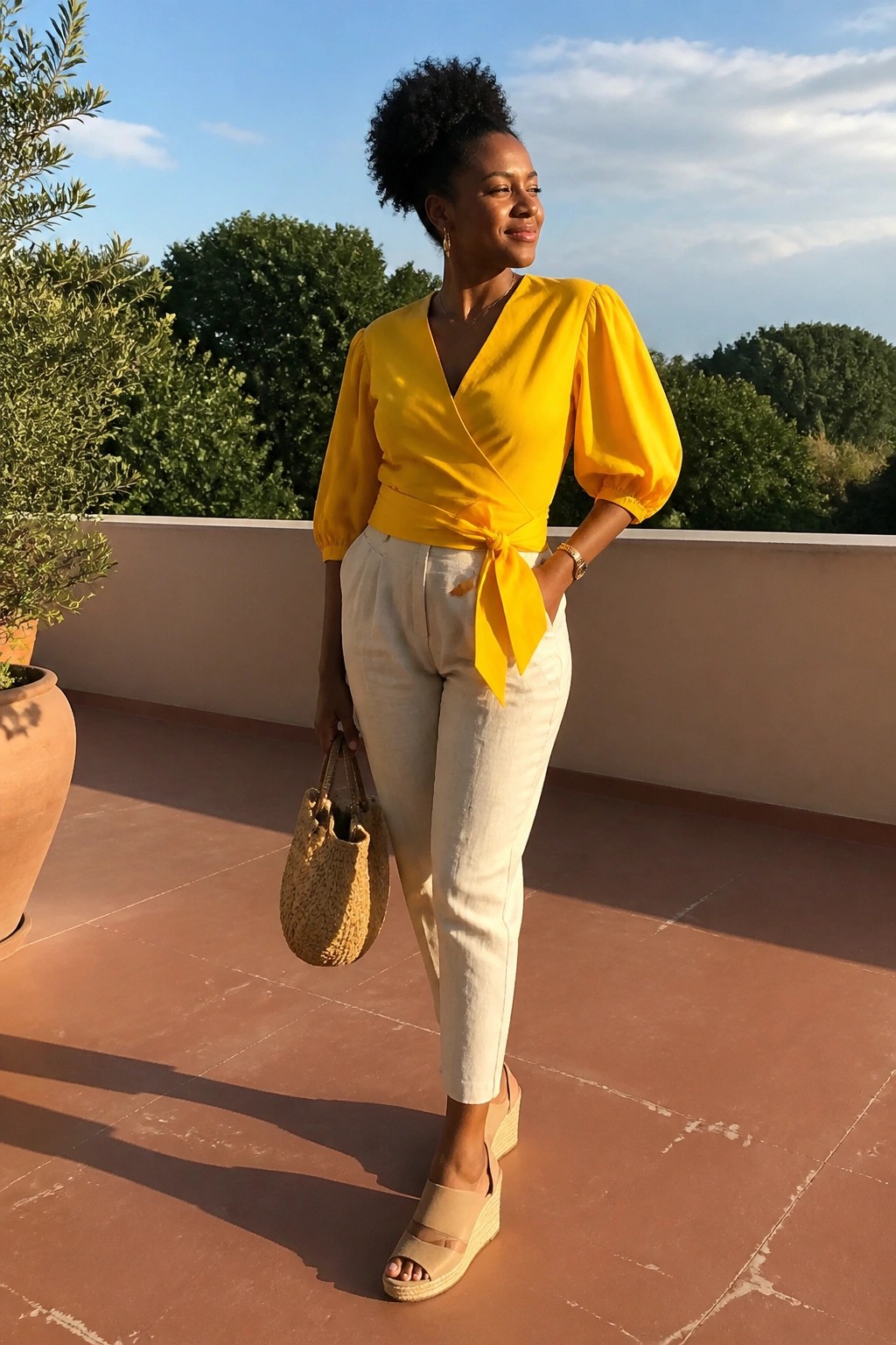 Woman in yellow wrap blouse and white pants holding straw bag on sunny terrace