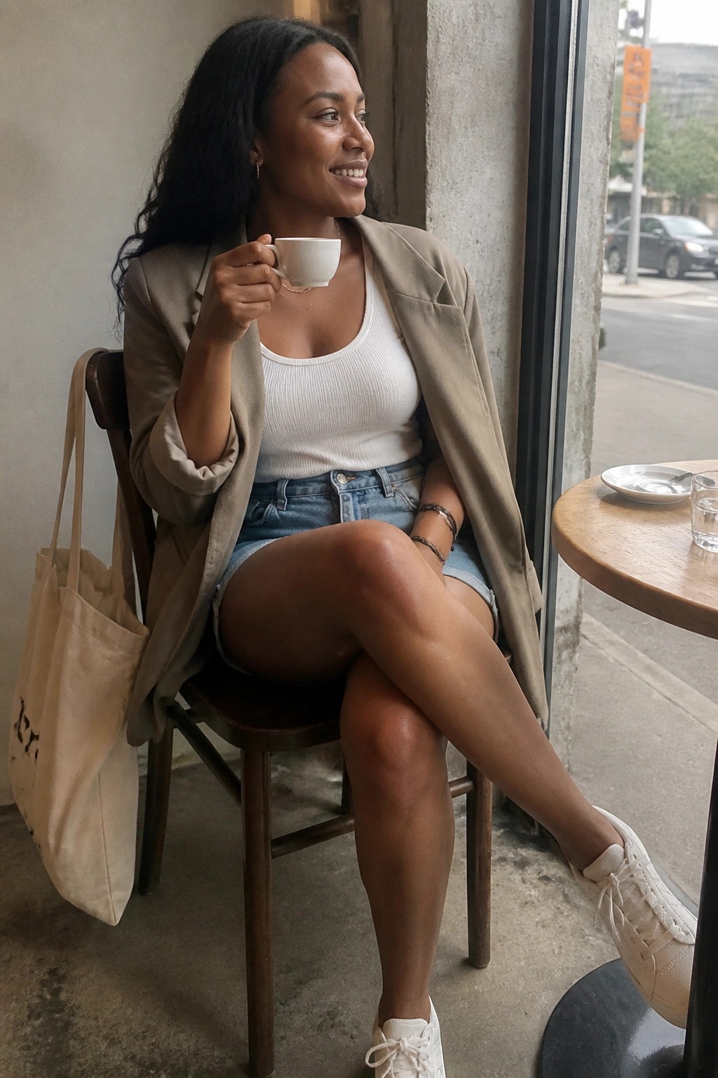 Smiling woman in beige blazer and denim shorts holding coffee cup in cafe