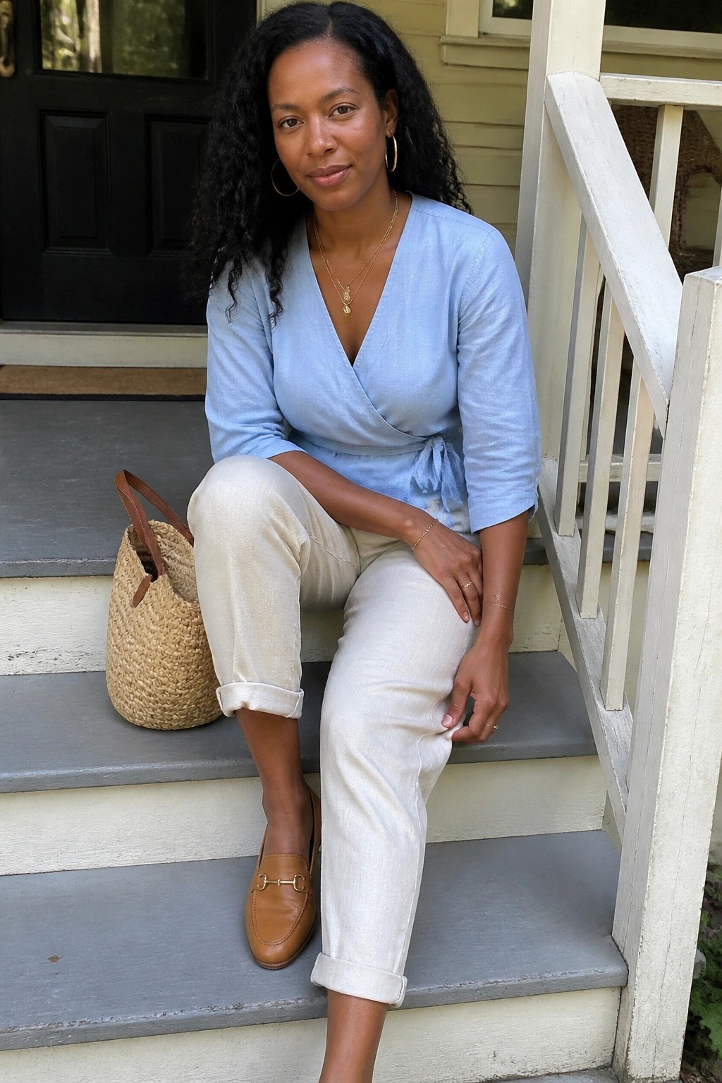 Woman in light blue wrap top and white pants on porch steps with straw bag