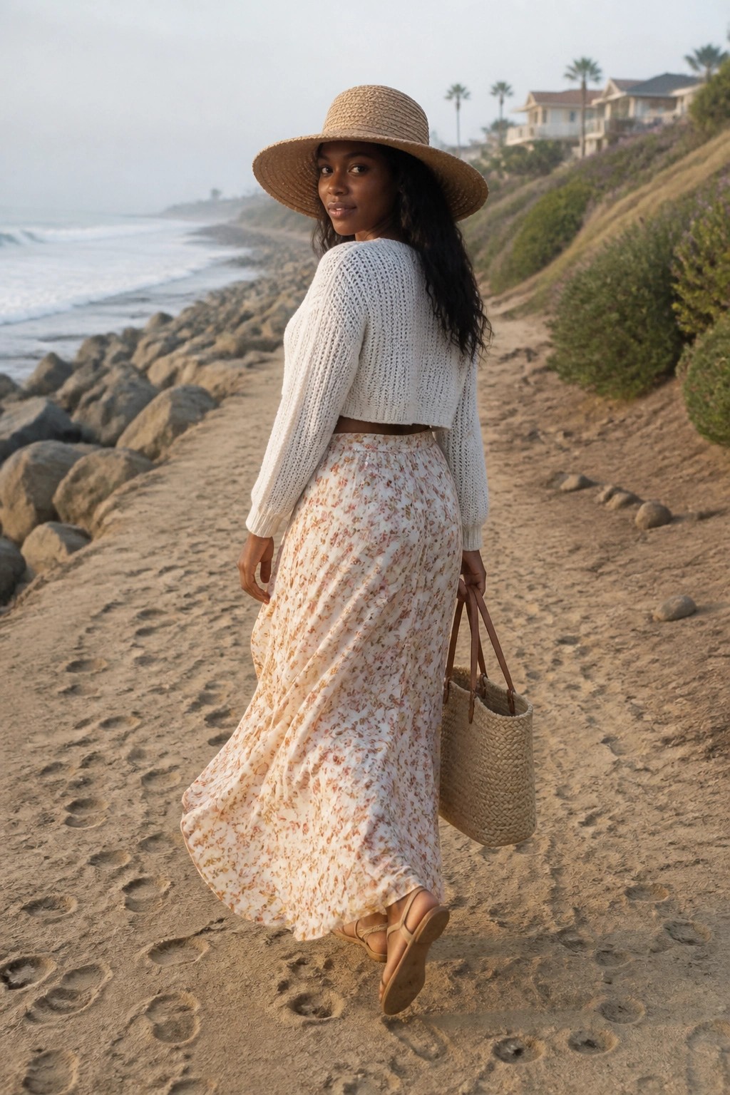 Woman in straw hat, white knit sweater and floral skirt walks on beach path.