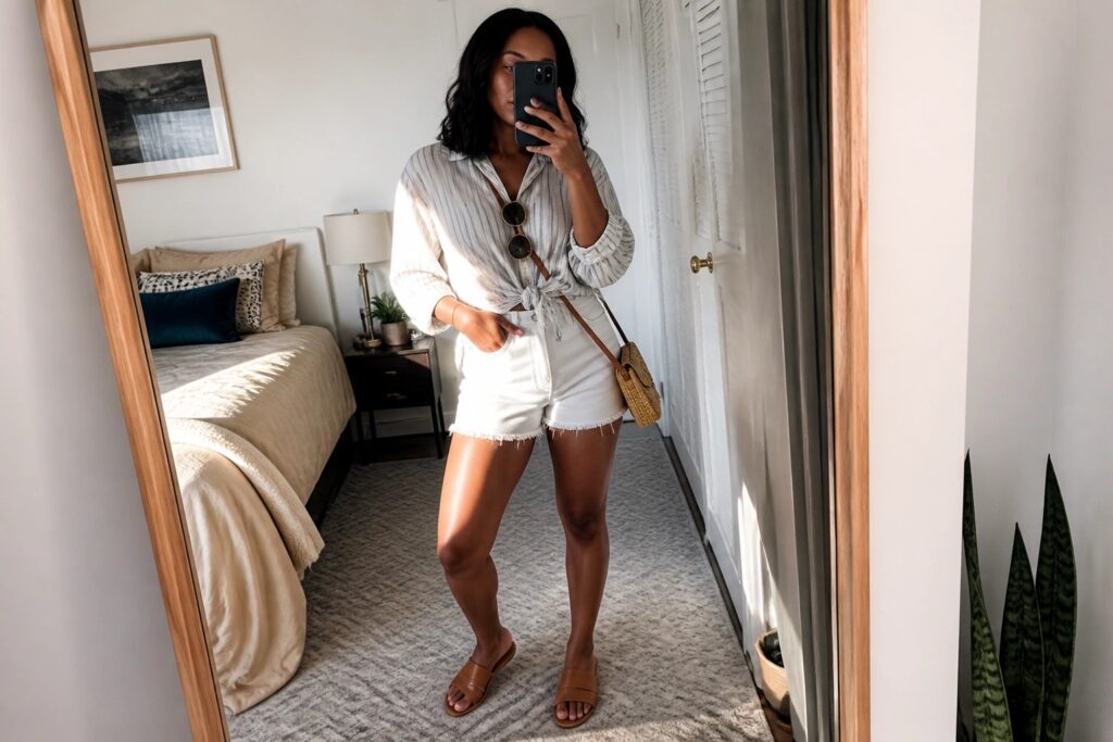 Woman in striped shirt tied at waist and white shorts taking mirror selfie