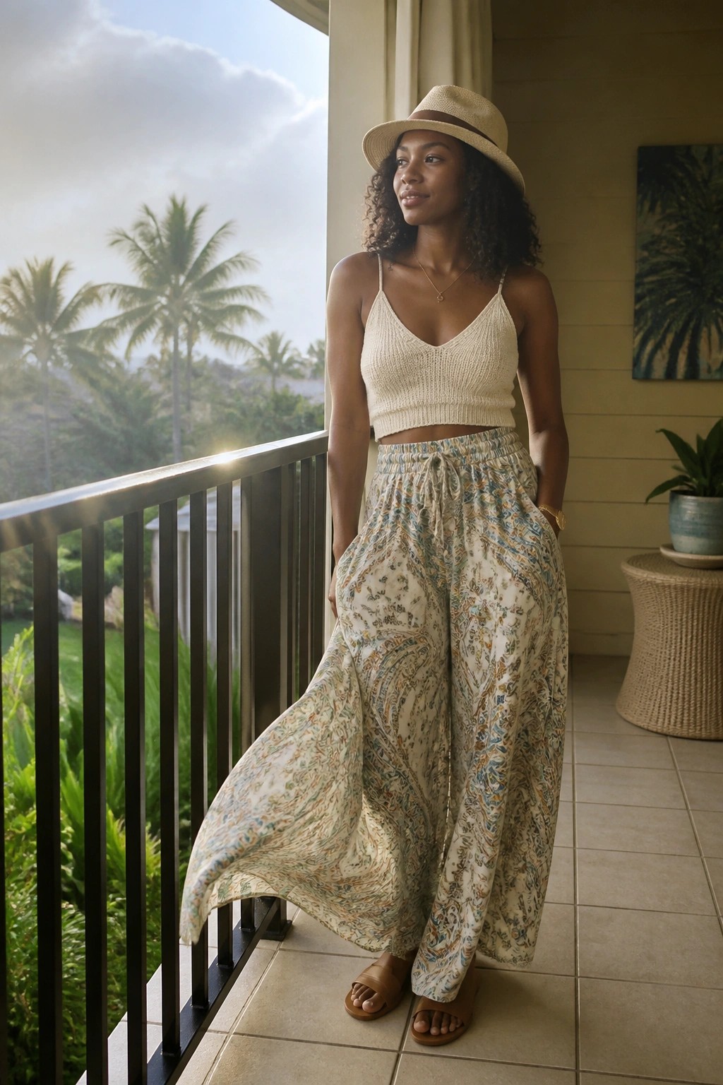 Woman wearing a cream knit crop top with thin straps, wide-leg paisley print pants in beige and blue tones with drawstring waist, brown flat sandals, and a straw hat, standing on a balcony.