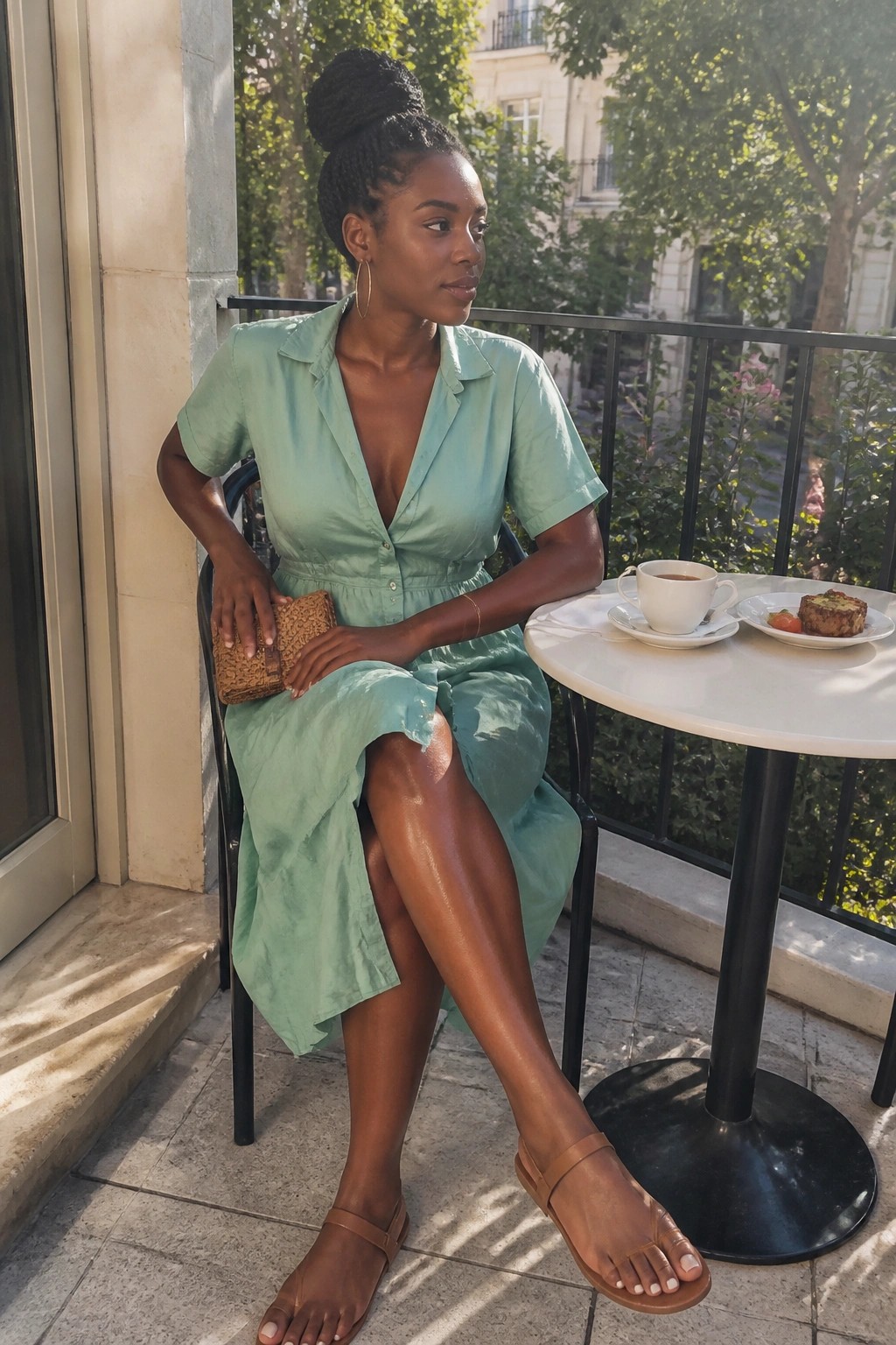 Woman in mint green dress at sunny balcony cafe table with coffee and pastry