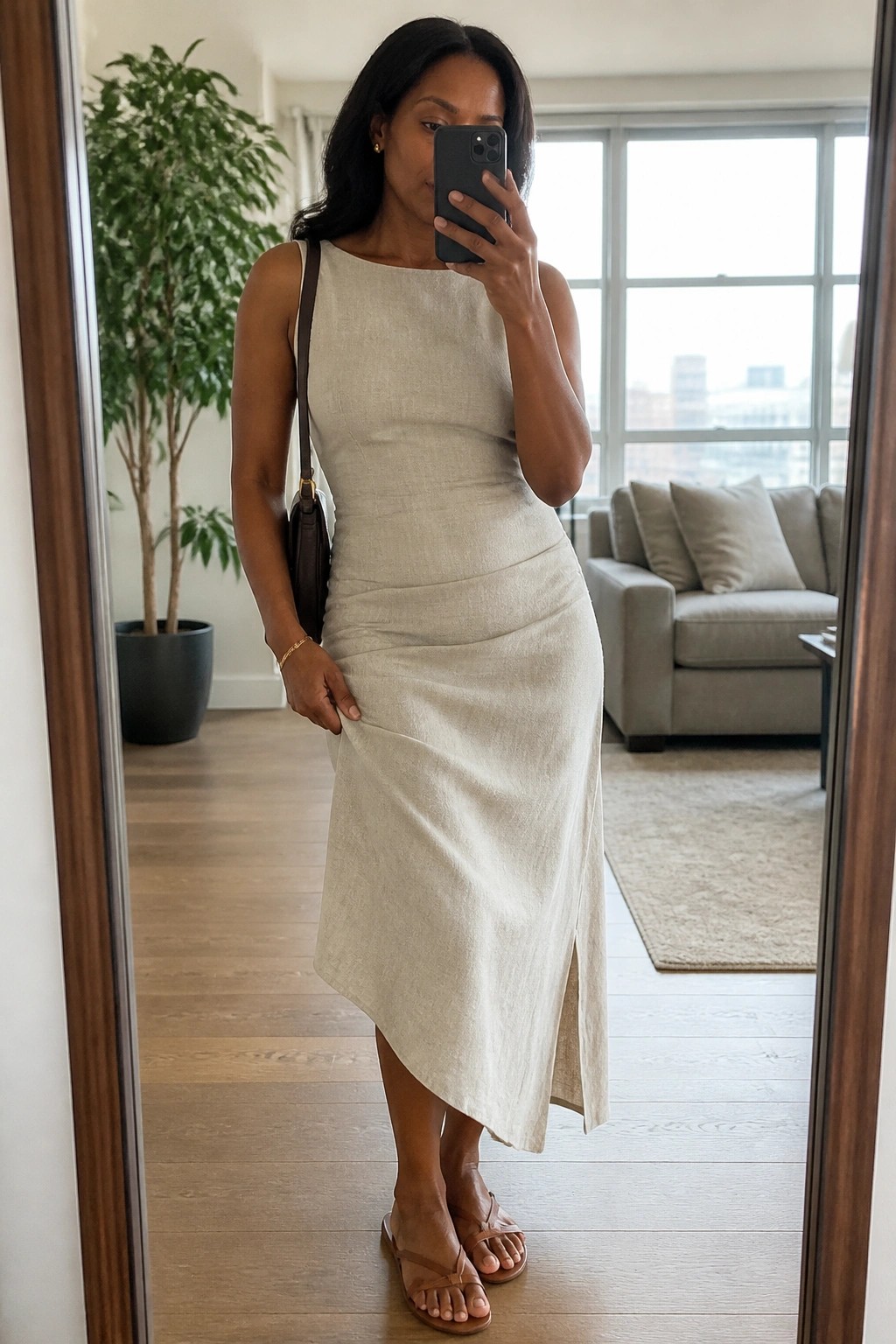 Woman in sleeveless beige midi dress with side slit, brown strappy sandals, and brown shoulder bag taking mirror selfie.