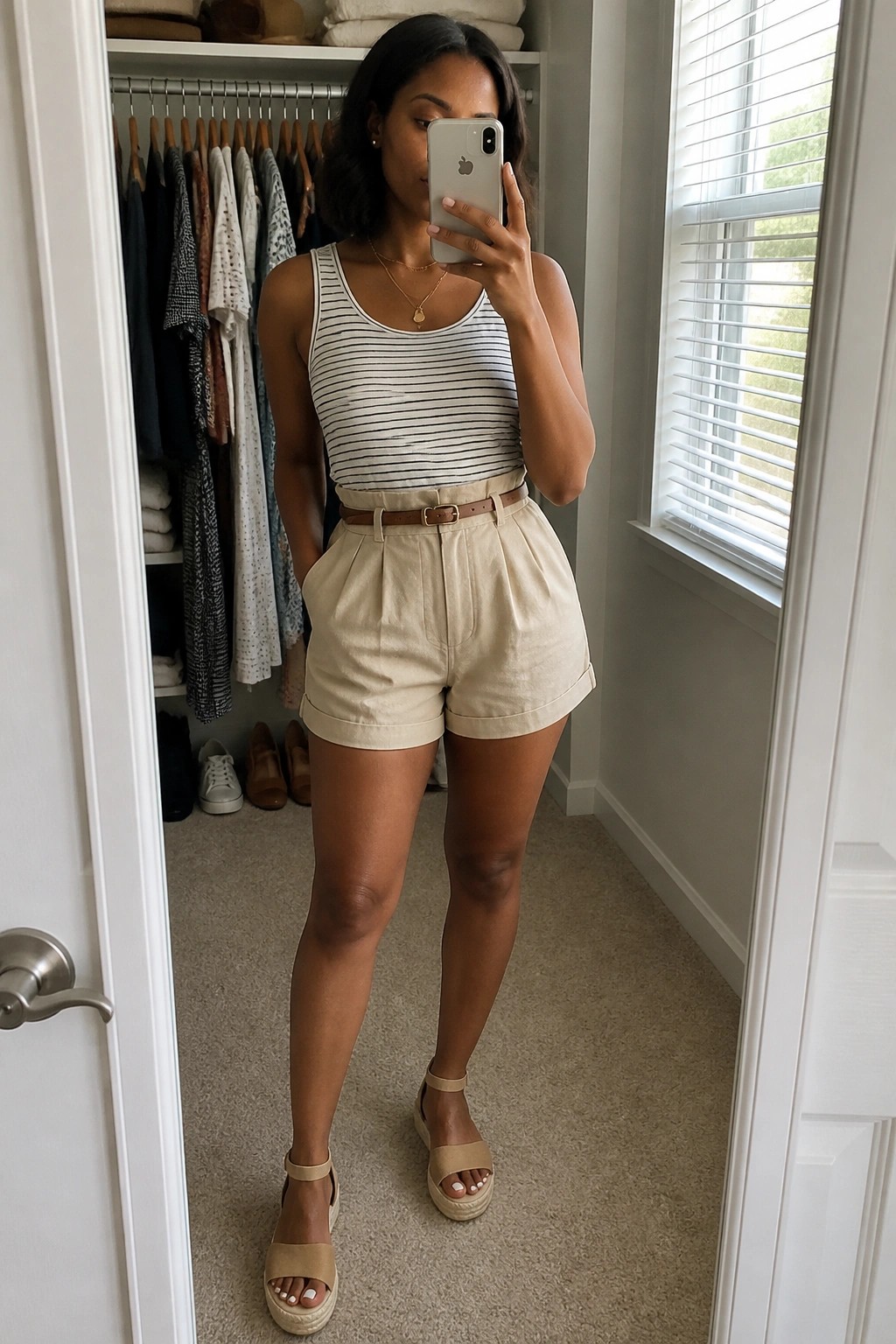 Woman wearing a black and white striped tank top tucked into beige pleated shorts with a brown belt, layered gold necklaces, and beige platform sandals while taking a mirror selfie in a closet.