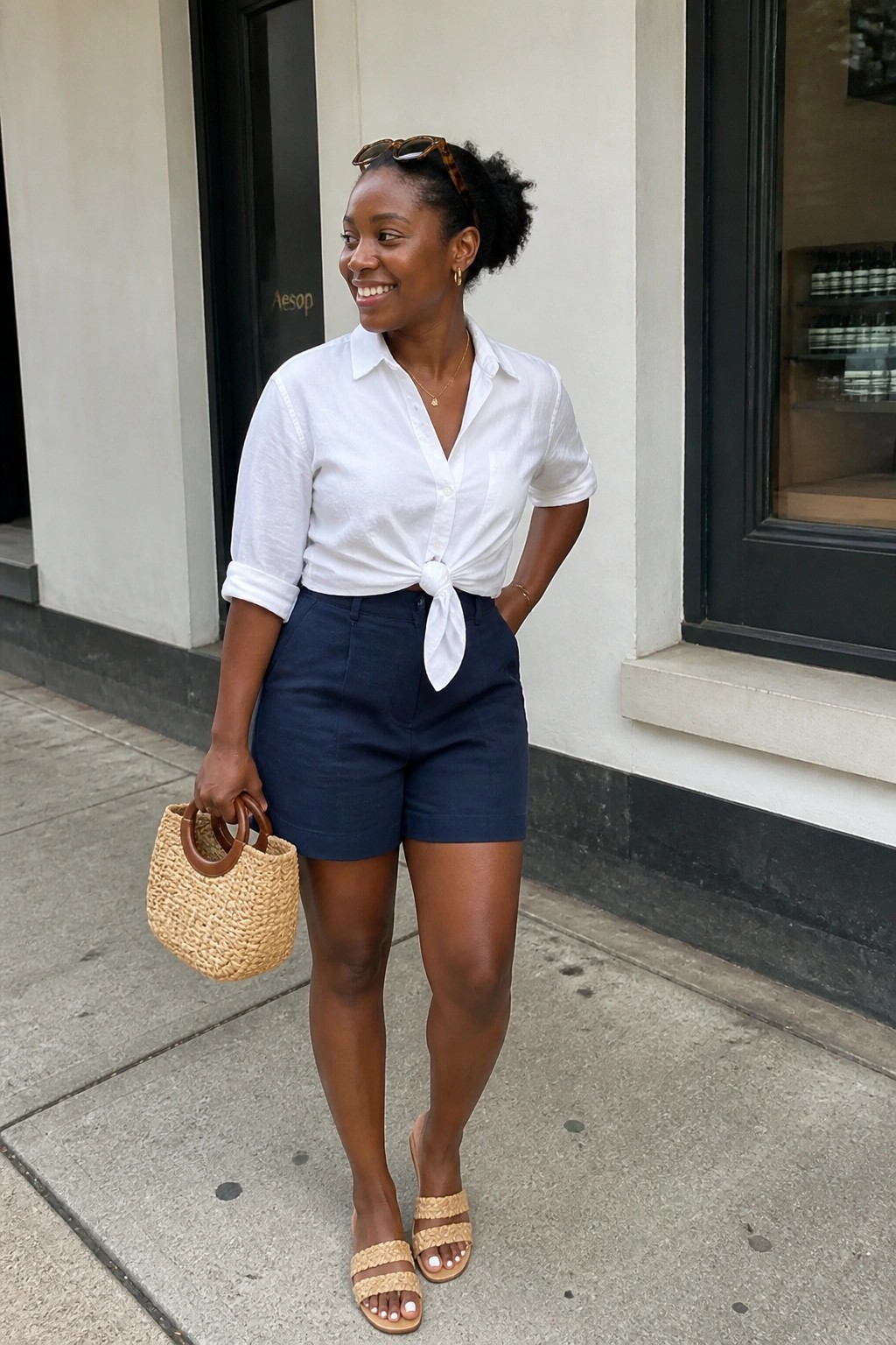 A woman wearing a white tied button-up shirt with navy shorts, woven bag, and slide sandals standing on a sidewalk.