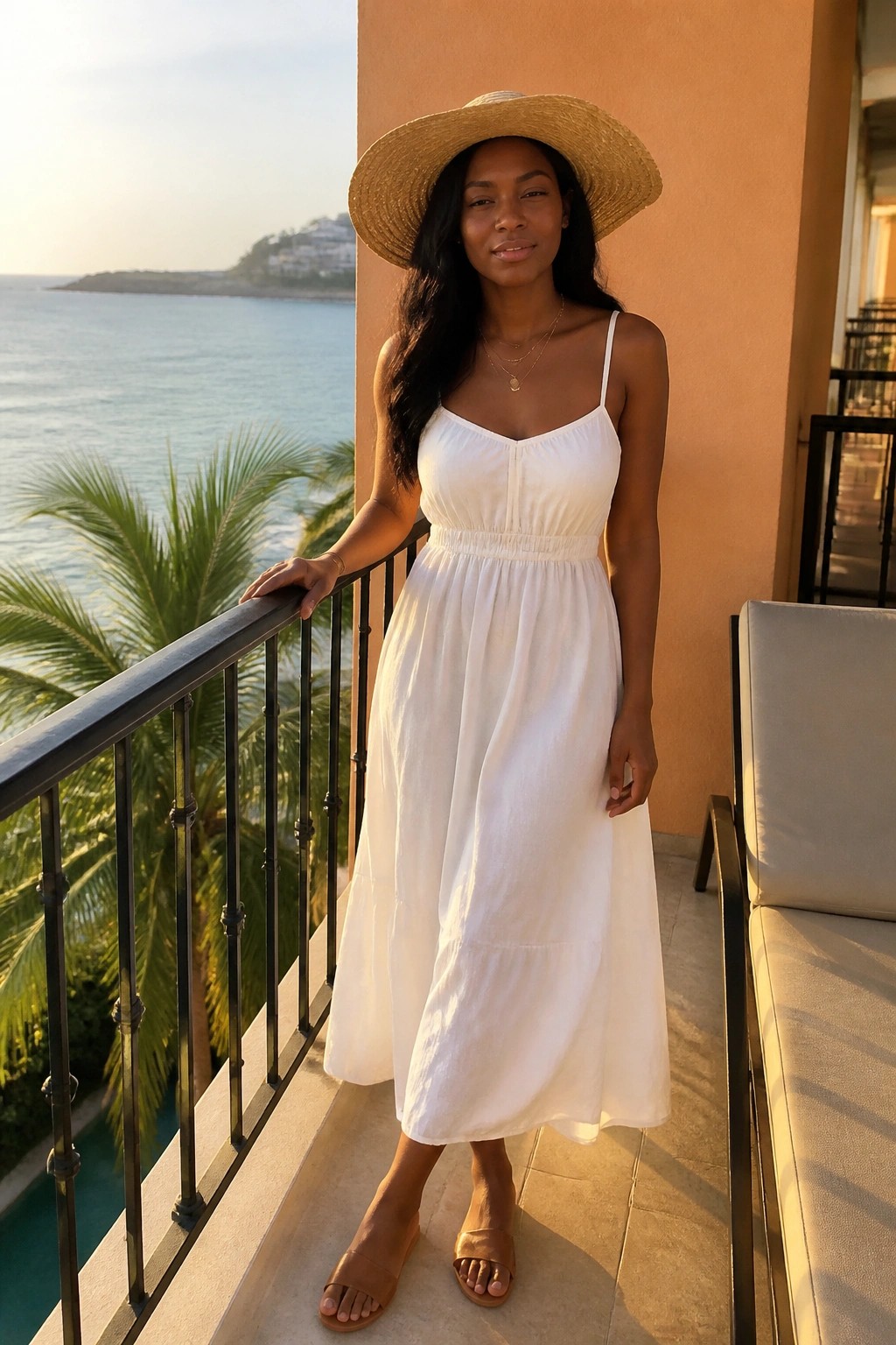 Black woman in white spaghetti strap midi dress with gathered waist and tiered skirt, wide straw hat, layered gold necklaces, and brown slide sandals standing on a balcony.
