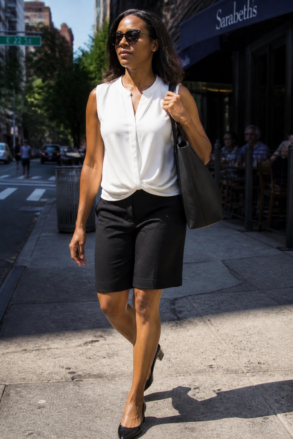 Woman wearing a white sleeveless twist-front blouse tucked into black knee-length shorts with black pointed-toe heels and carrying a black tote bag on a city sidewalk.
