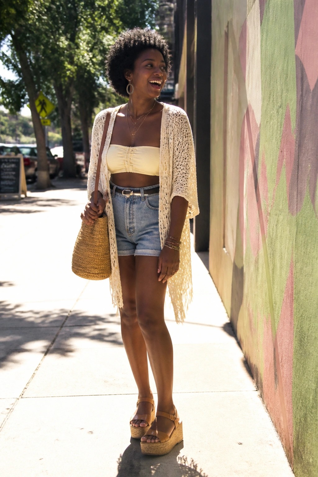 Woman in yellow crop top, denim shorts, and fringed cardigan on sunny sidewalk by mural