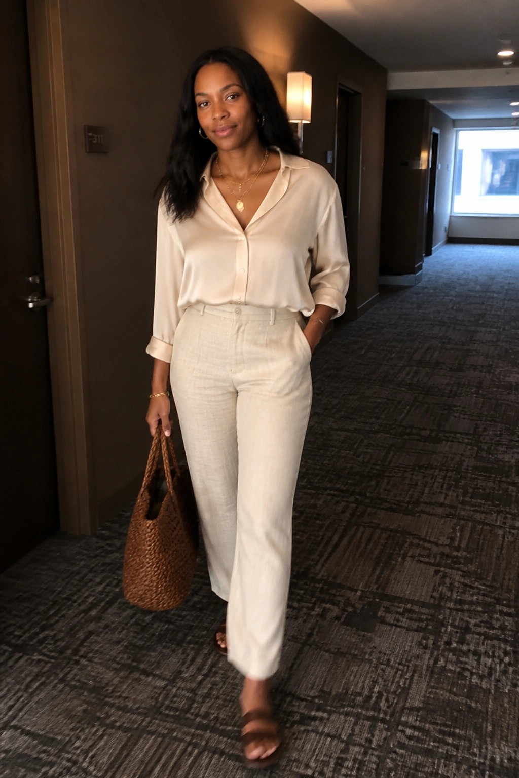Woman in cream satin blouse and linen pants holding woven brown bag in hallway