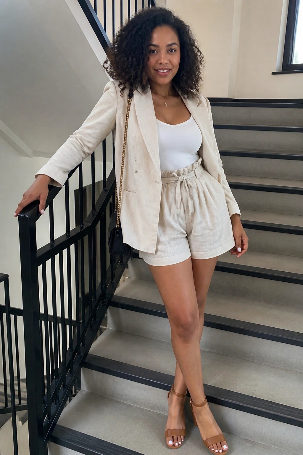 Woman in beige linen blazer and shorts on gray staircase with black railing