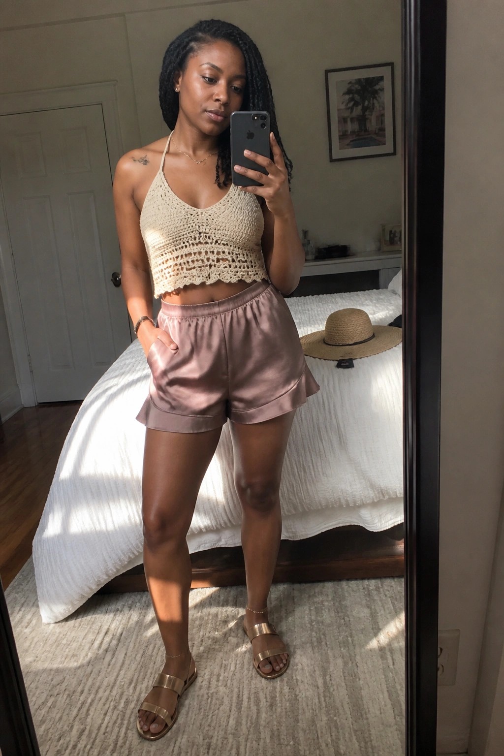Woman wearing a beige crochet halter crop top with dusty rose satin shorts, gold slide sandals, and minimal gold jewelry in a bedroom mirror selfie.