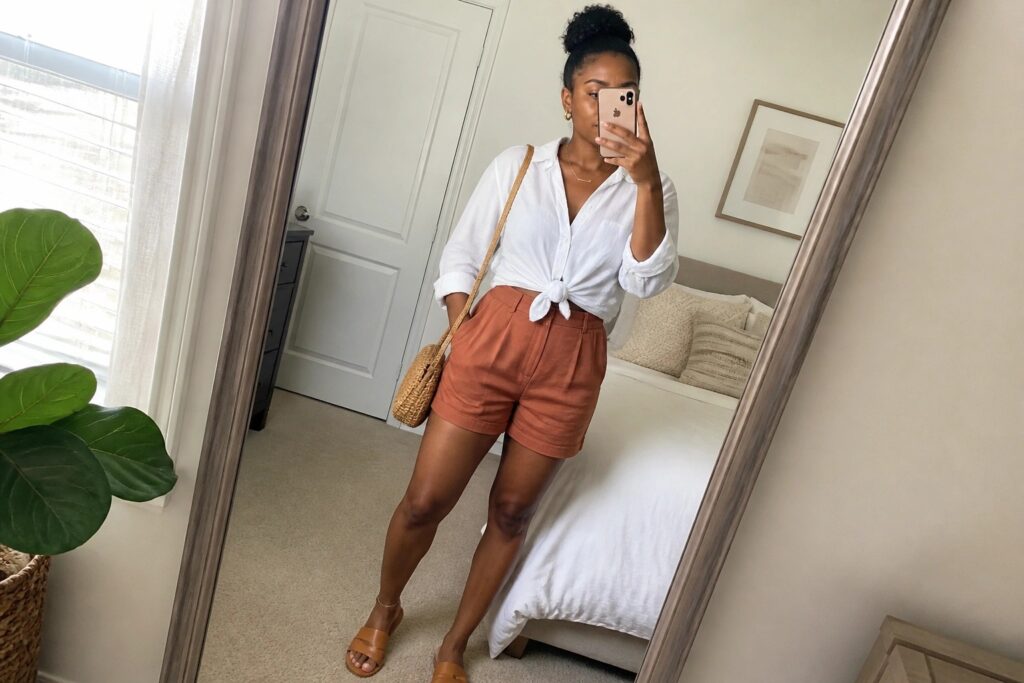 24 Miami Resort Wear for Black Women That Blends Comfort and Glamour Woman in white tied shirt and rust shorts taking bedroom mirror selfie.