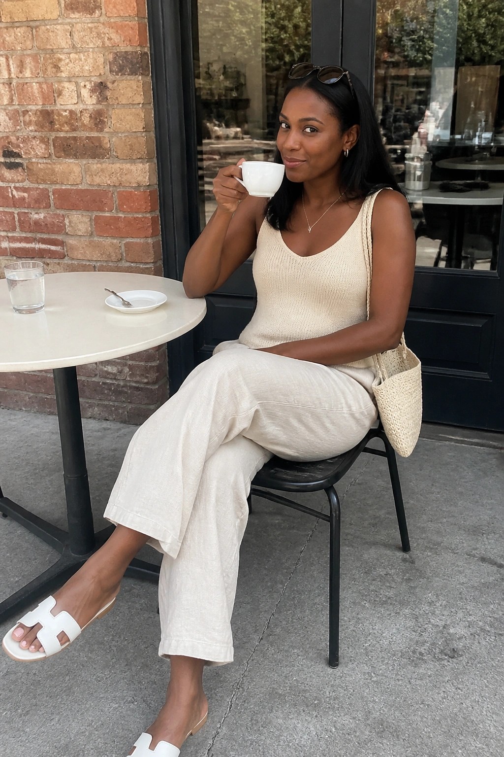 Woman in cream knit tank and linen pants sipping coffee at outdoor cafe table