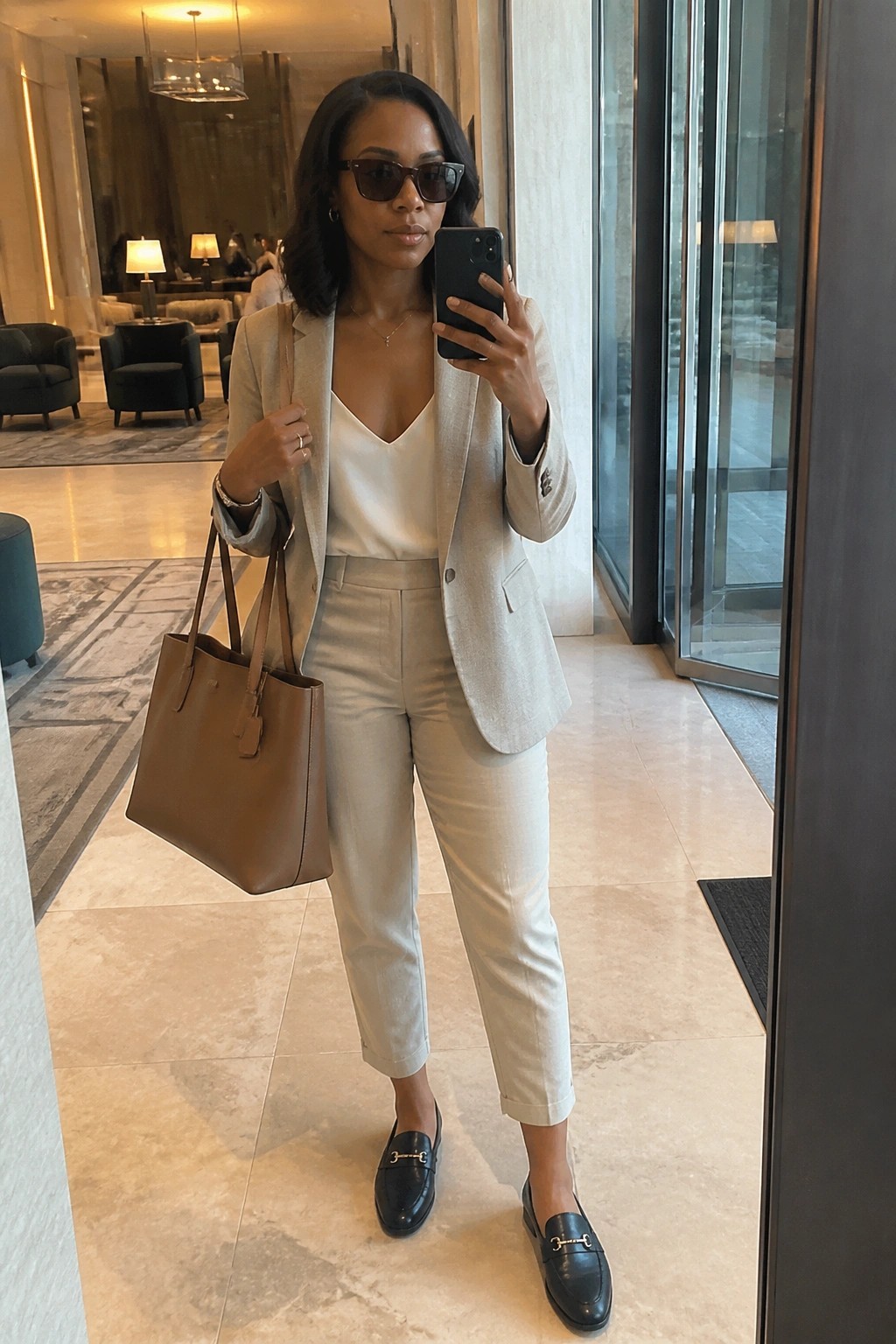 Woman wearing a light beige tailored blazer and cropped pants over a white V-neck camisole, paired with black loafers, a brown leather tote bag, and sunglasses, standing in a lobby.