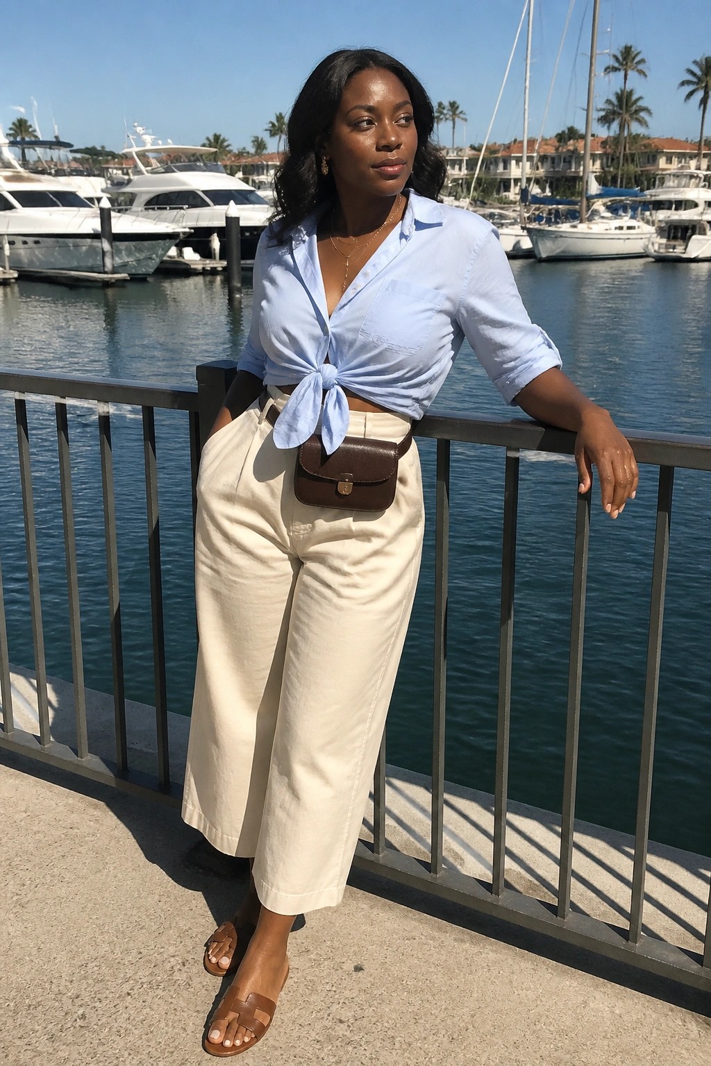 Woman in light blue knotted shirt and cream pants at marina railing