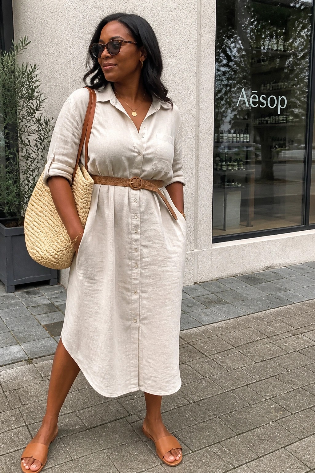Woman in beige linen shirt dress with woven tote bag outside Aesop store
