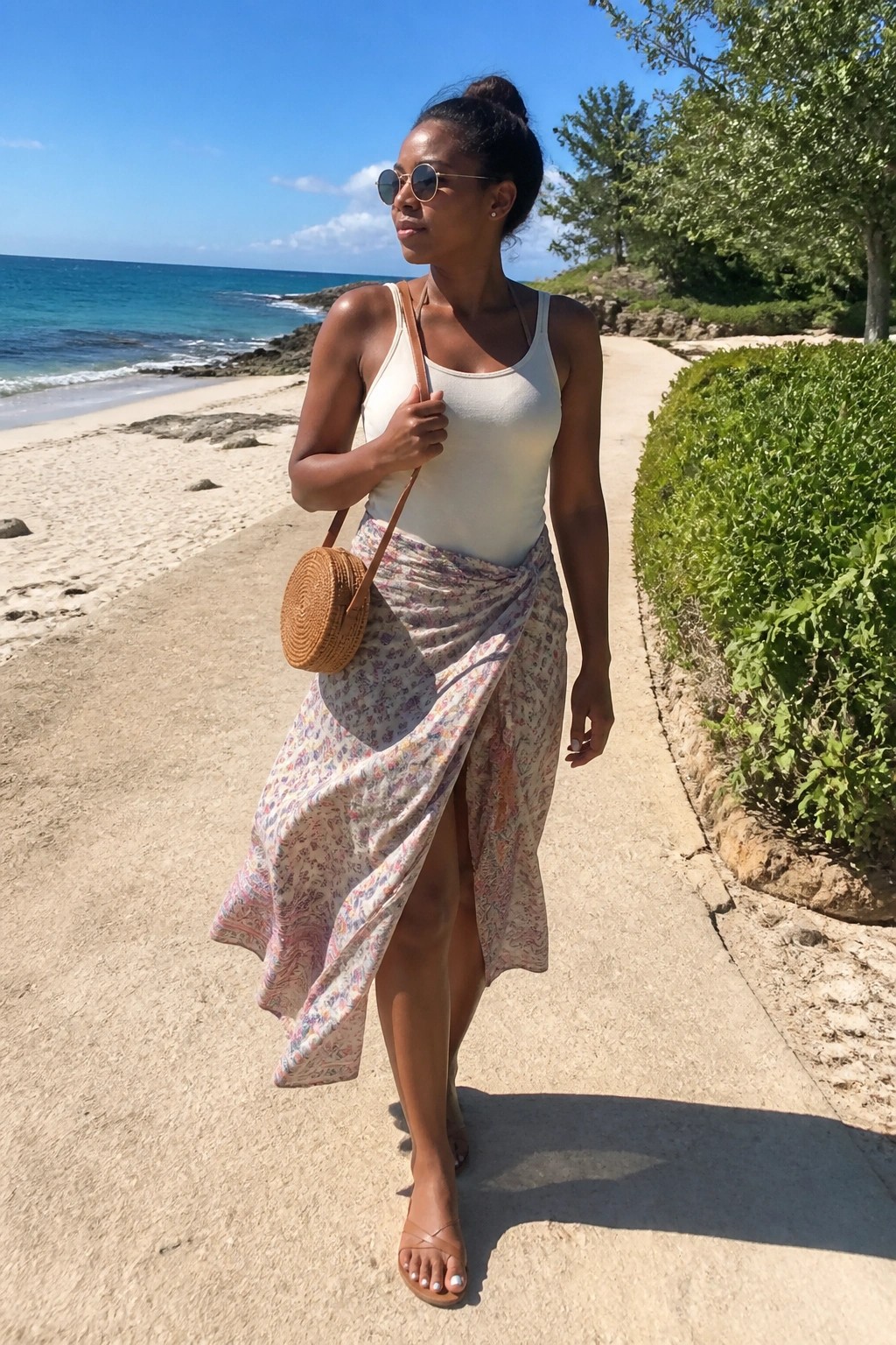 Woman in white top and floral skirt carrying round bag on sunny beach path