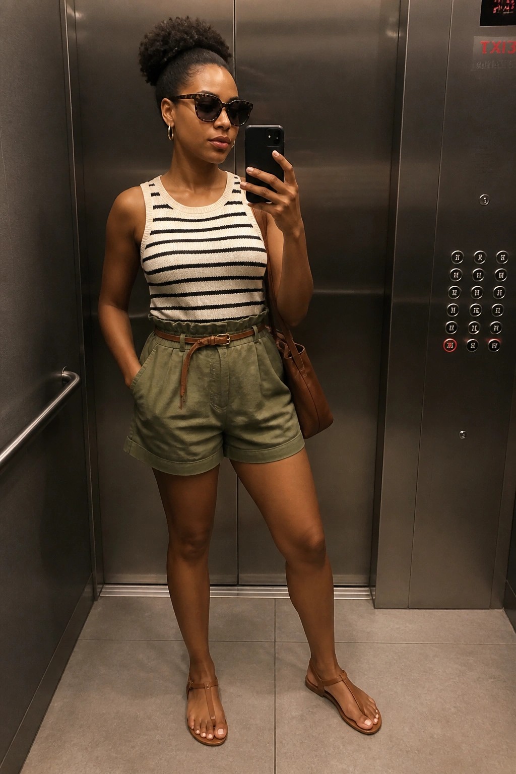 Woman in striped tank top and green shorts taking selfie in elevator with bag