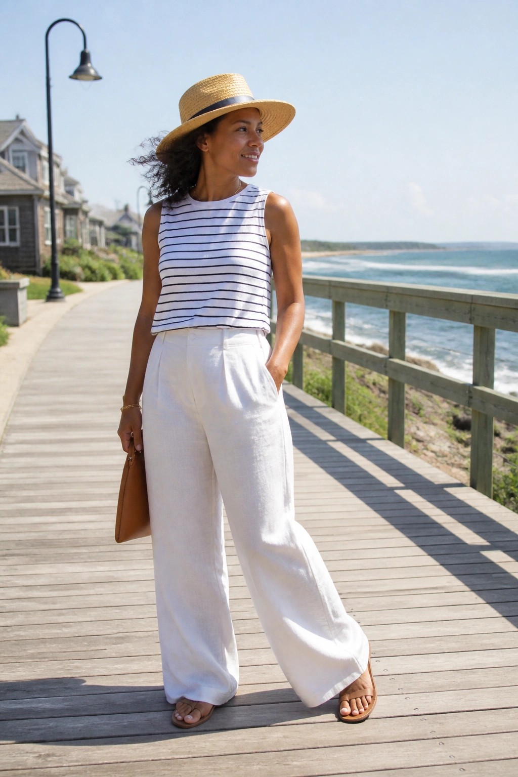 Woman in striped top and white pants with straw hat on ocean boardwalk.