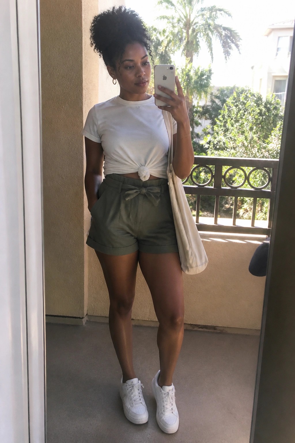Woman wearing a white knotted t-shirt tucked into sage green paperbag shorts with a front bow, paired with white sneakers and carrying a beige tote bag.