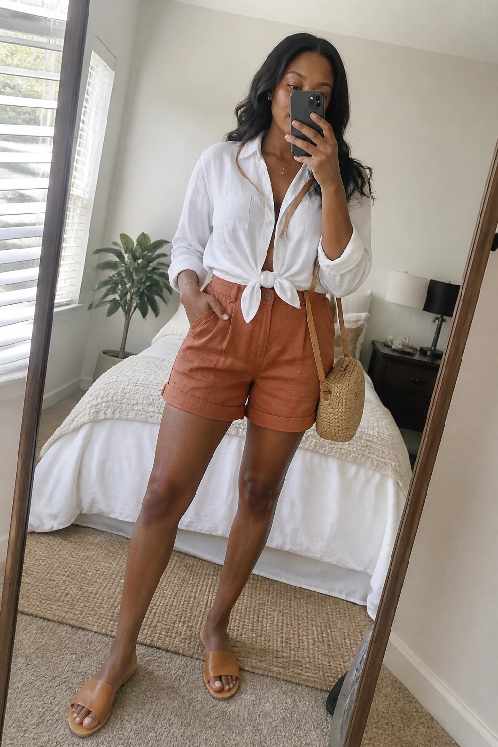 Woman in white tied shirt and rust shorts taking bedroom mirror selfie.