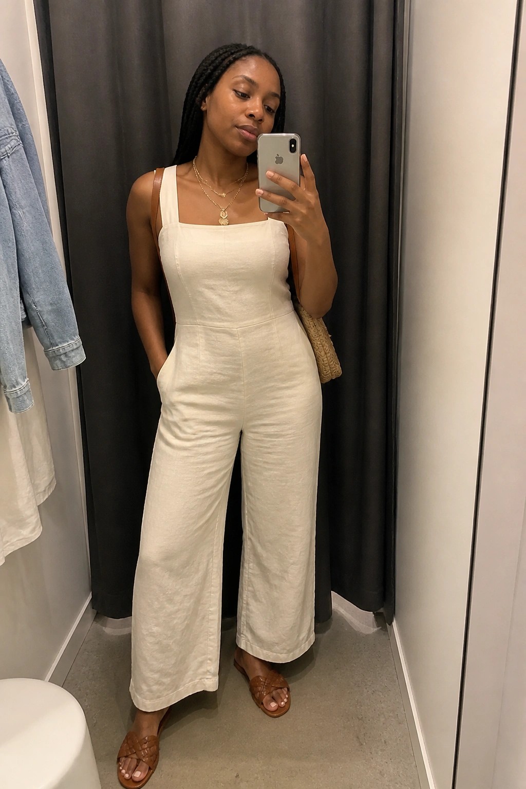 Woman in white wide-leg jumpsuit taking mirror selfie in fitting room