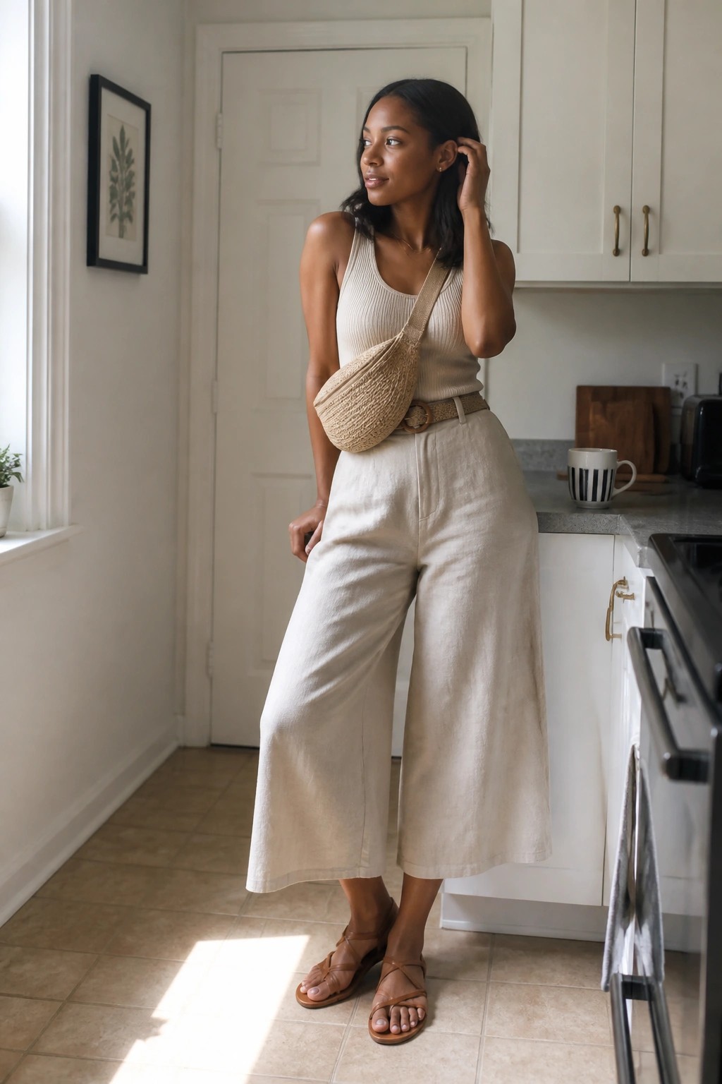 Woman in beige tank top and wide pants with woven bag in kitchen.