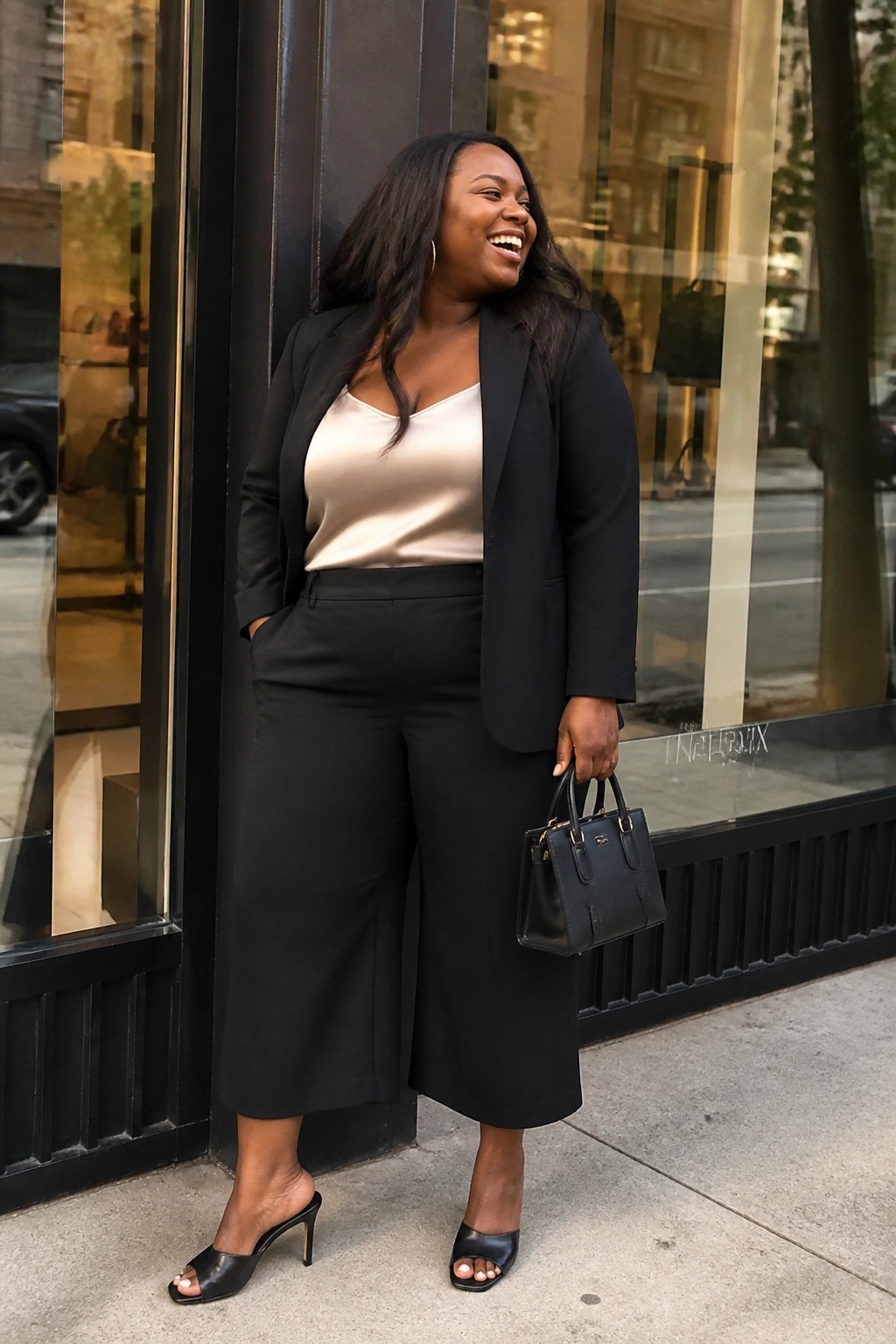 Woman in black blazer, beige top, and wide-leg pants smiling on city sidewalk