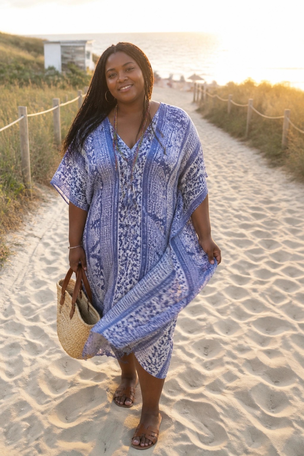 Woman in blue patterned dress holding straw bag on sandy beach path at sunset.