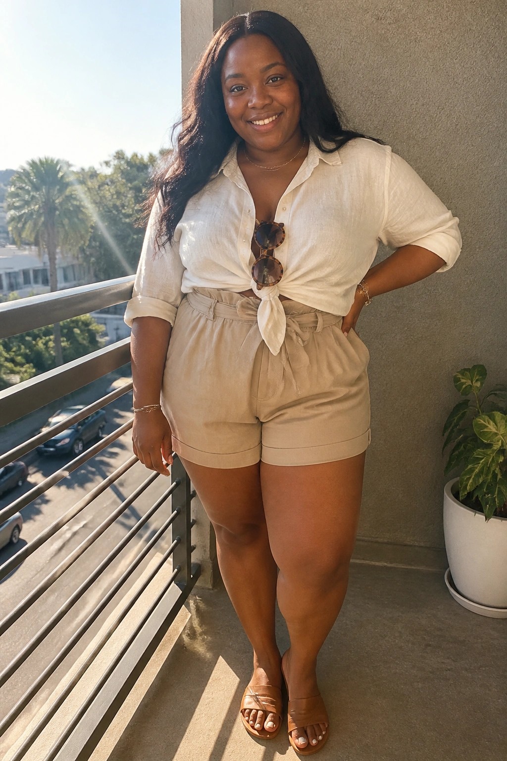 Smiling woman in white tied shirt and beige shorts on sunny balcony