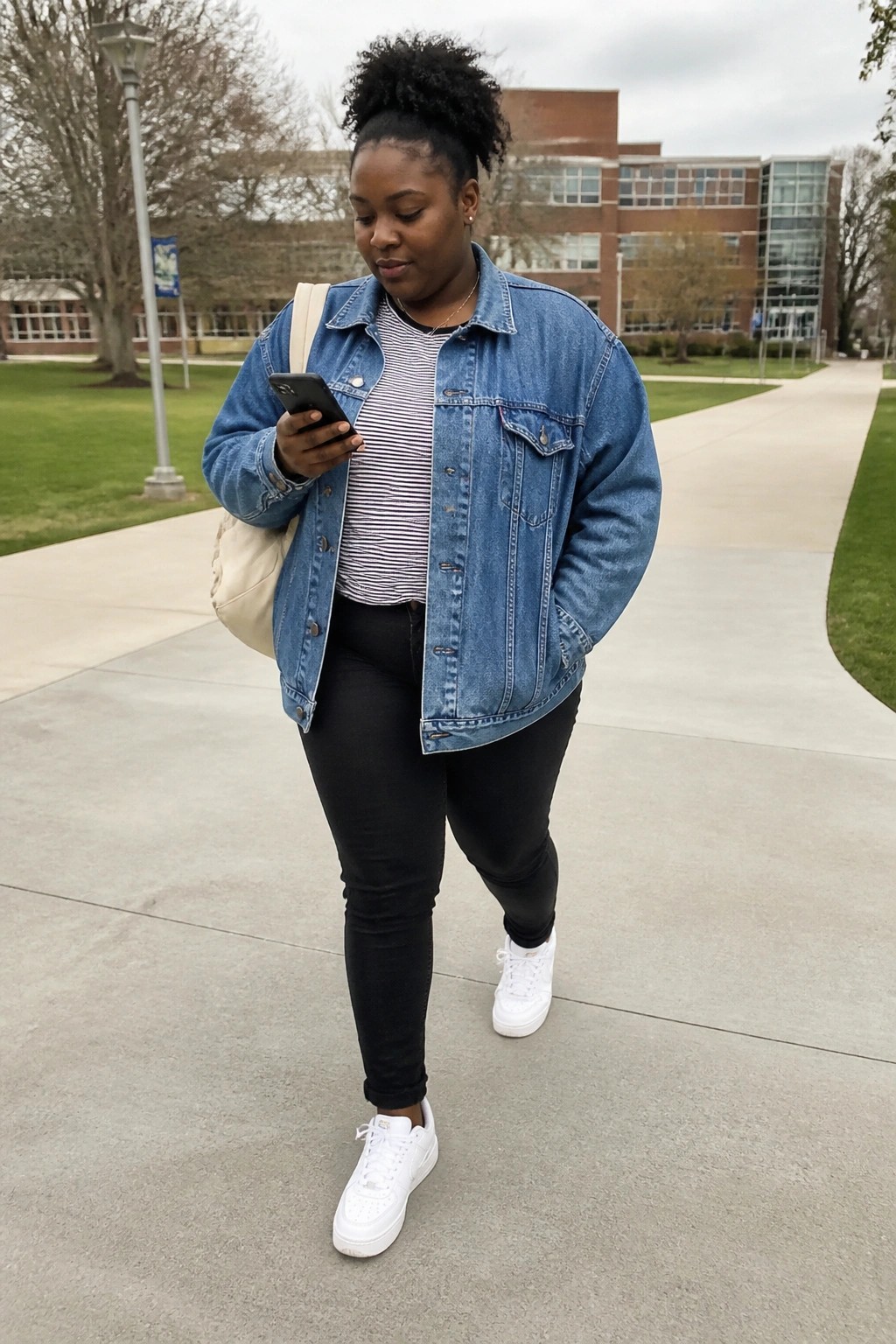 Plus size Black woman wearing a blue denim jacket over a navy and white striped top with black jeans, white sneakers, and a beige shoulder bag while looking at her phone outdoors.