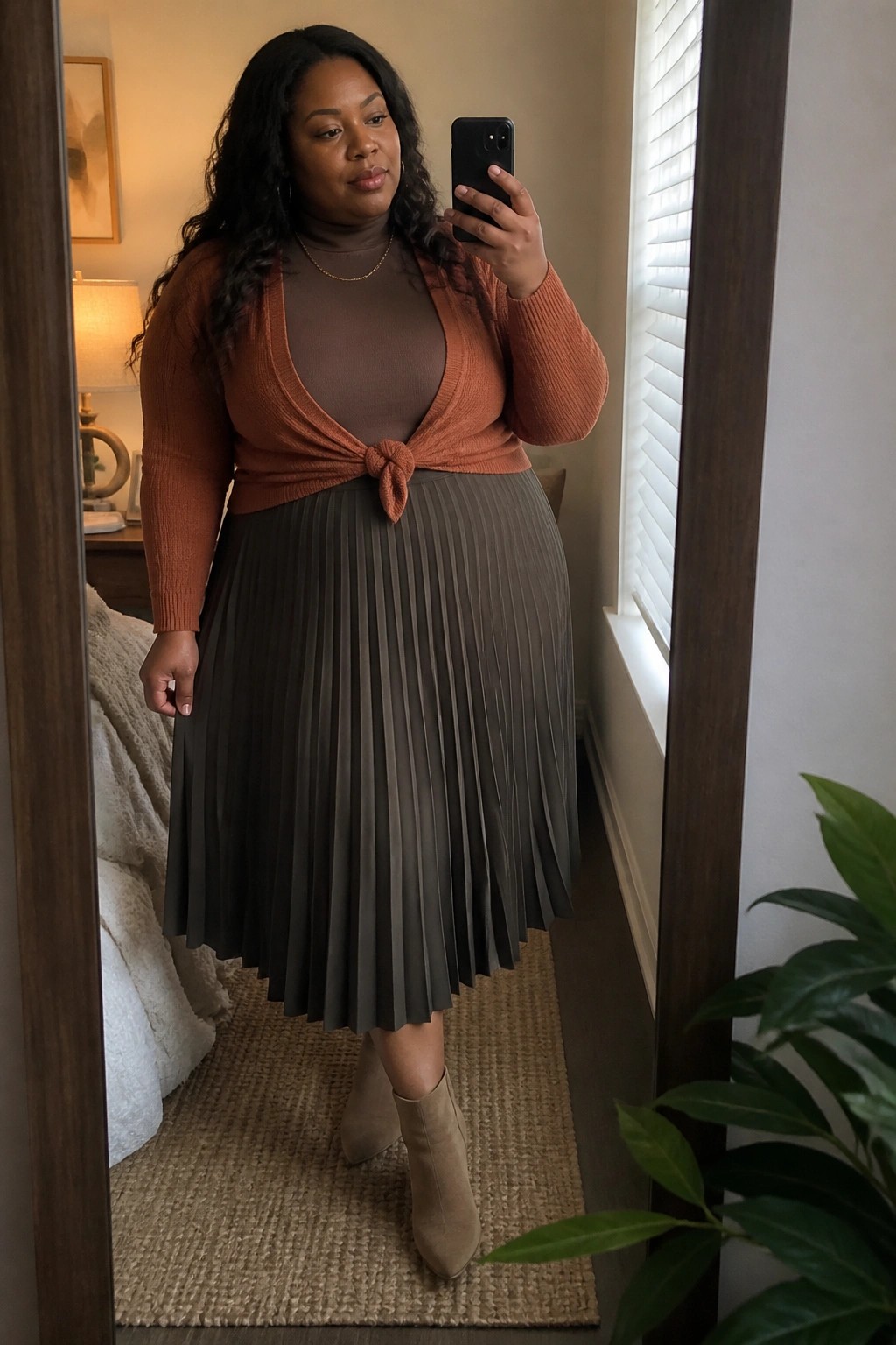 Woman in mirror selfie wearing knotted rust cardigan, brown top, olive pleated skirt, beige boots.