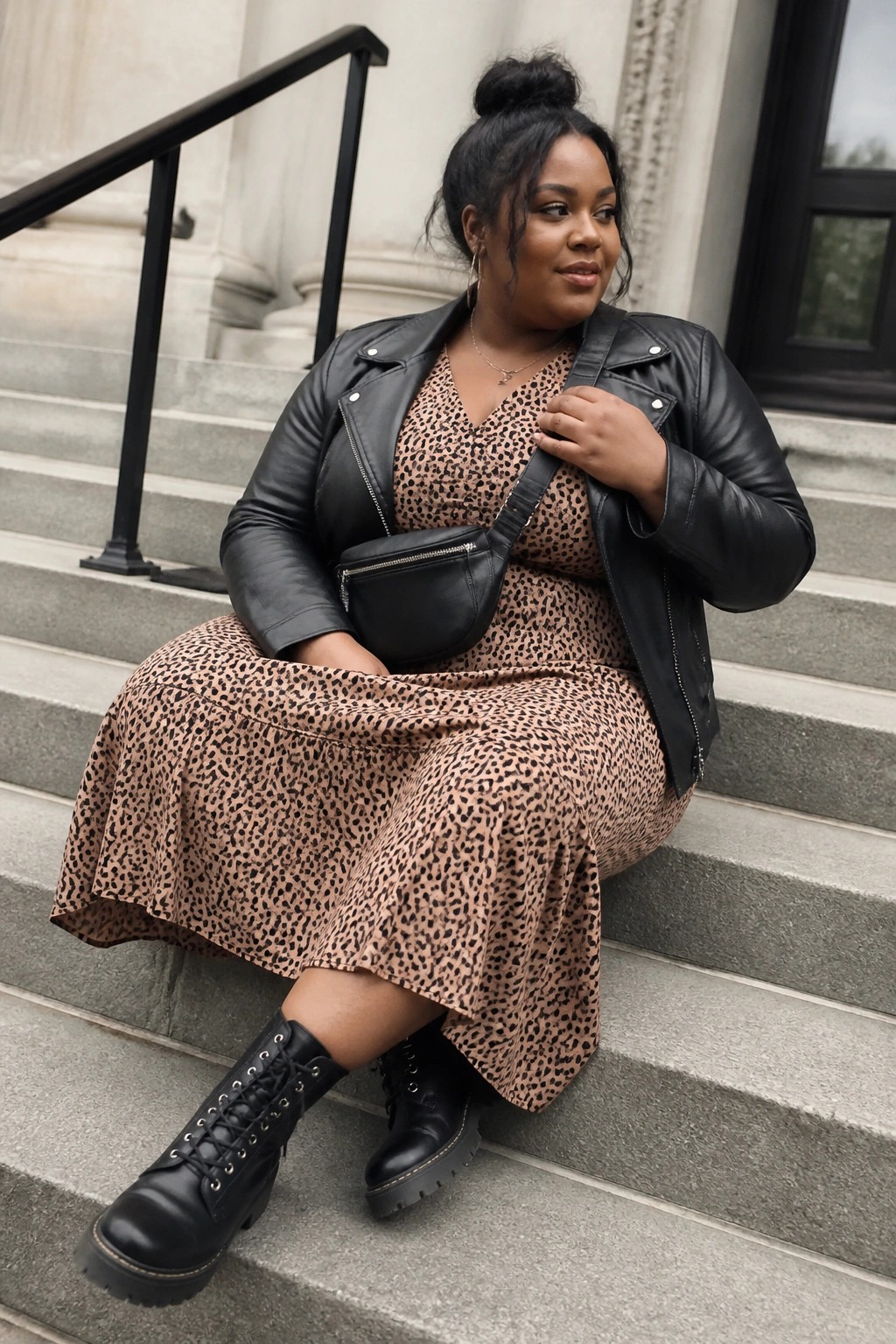 Woman in leopard-print dress and black leather jacket on stone steps