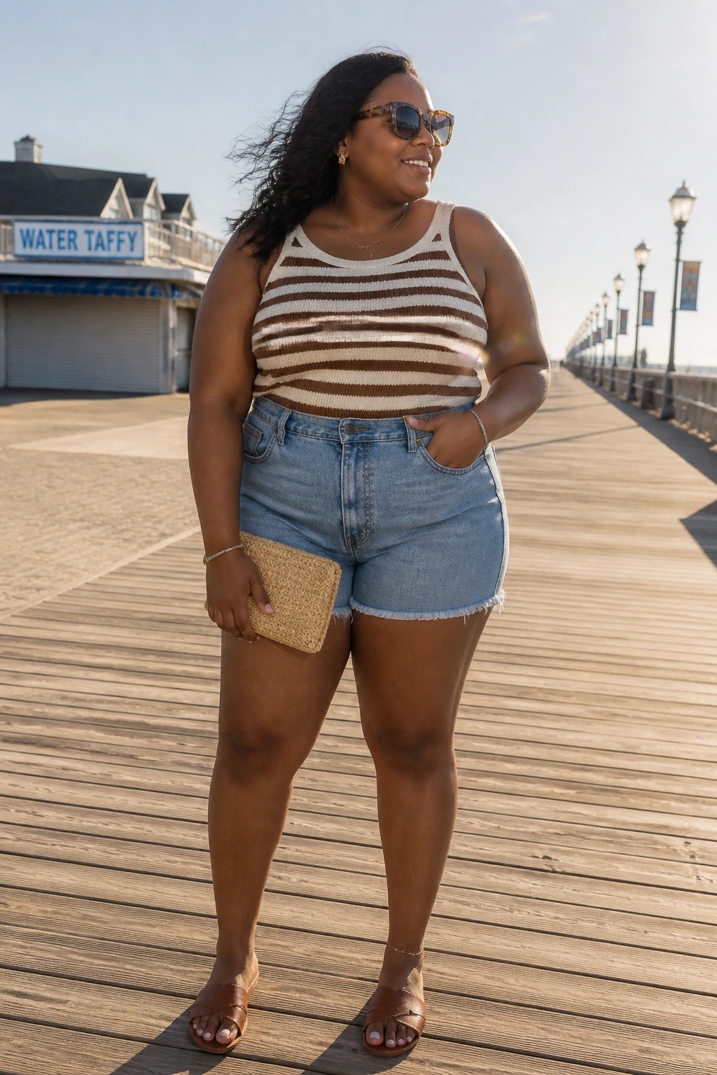 Plus-size woman in striped tank top and denim shorts on sunny pier