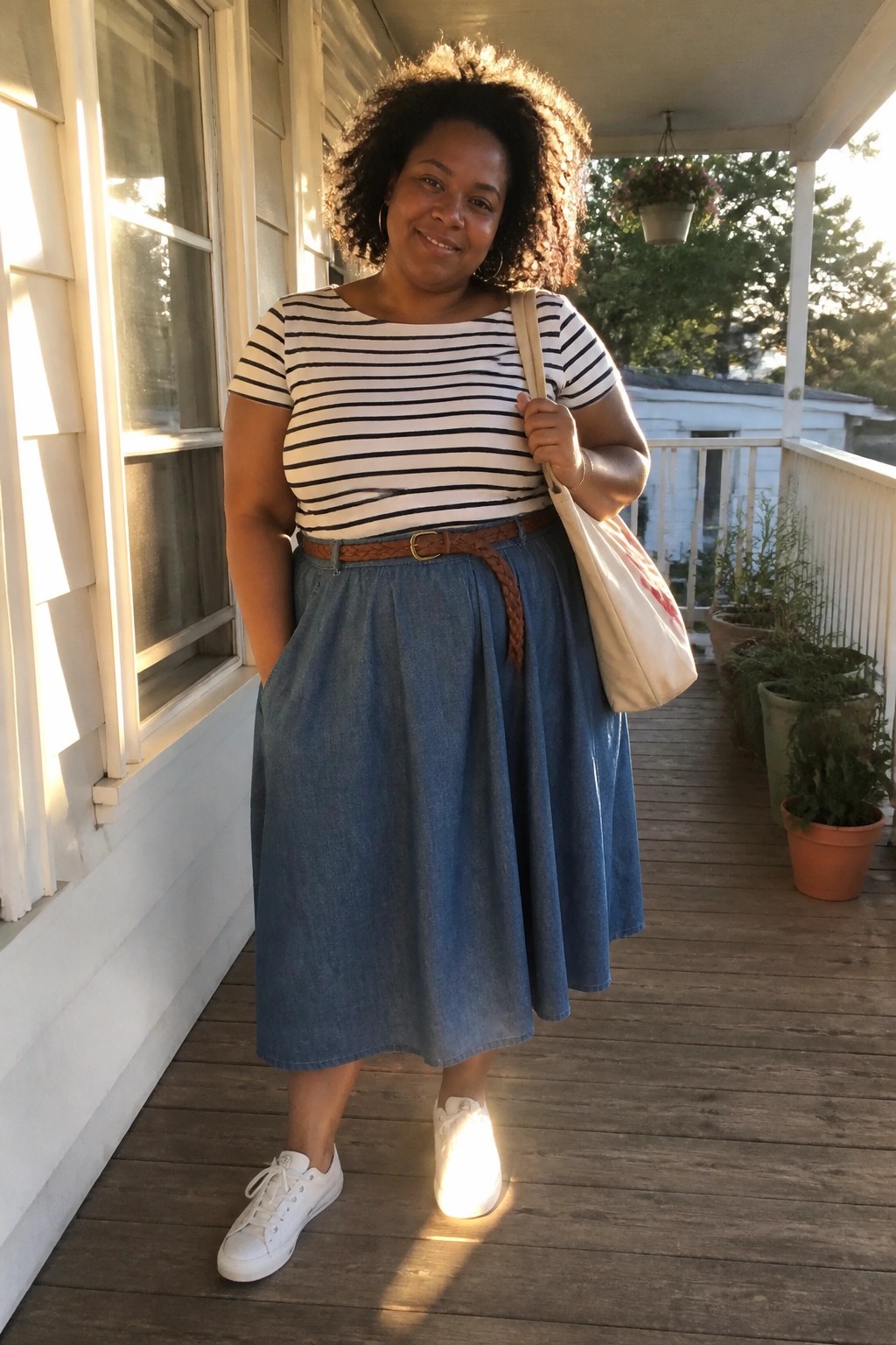 Woman in striped shirt and blue denim skirt holding tote on sunny porch.