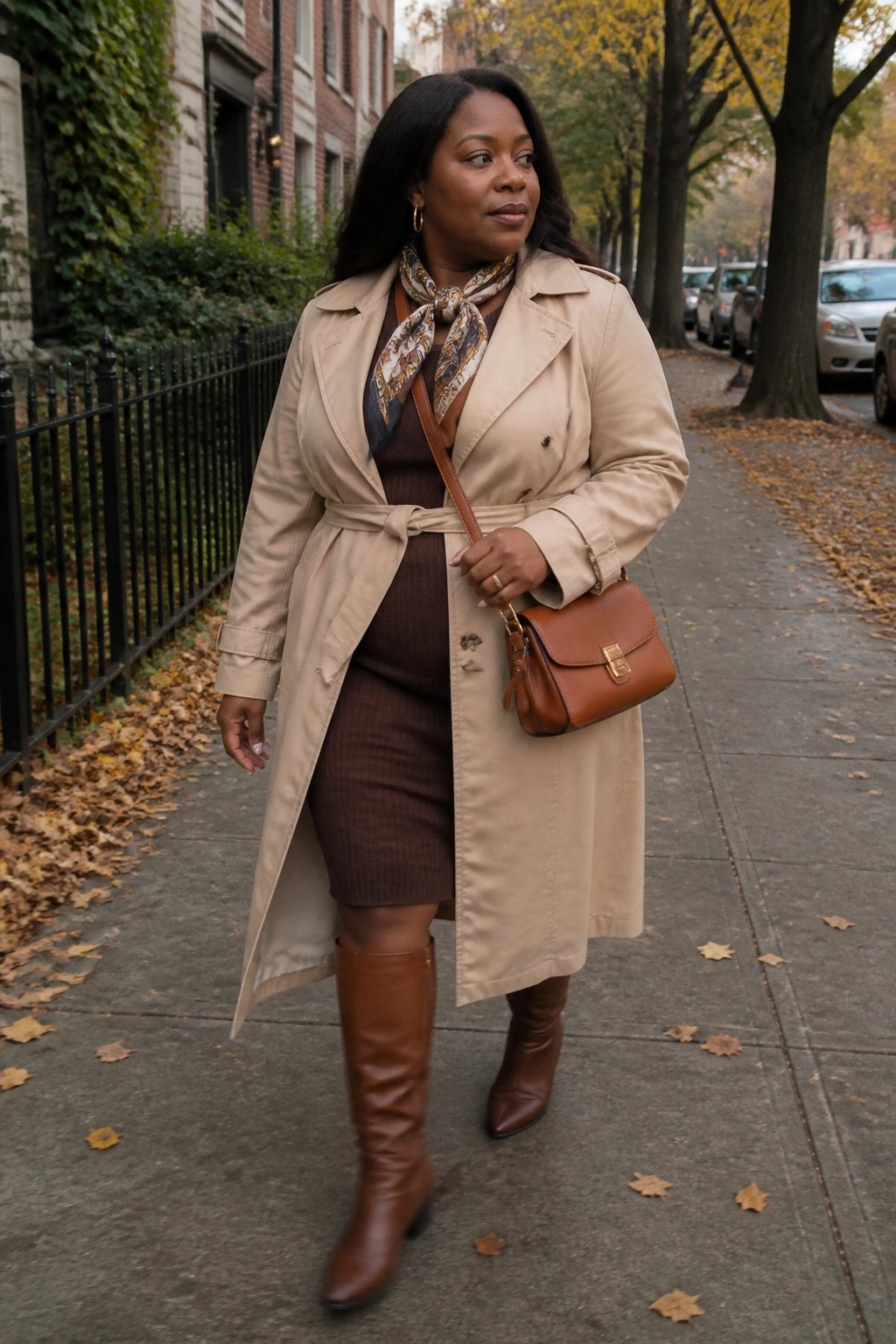 Stylish woman in beige trench coat and brown boots on autumn sidewalk.