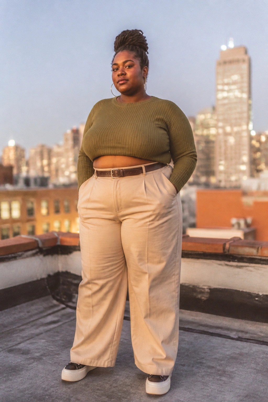 Plus size Black woman in olive ribbed crop sweater tucked into belted beige wide leg trousers with white platform sneakers