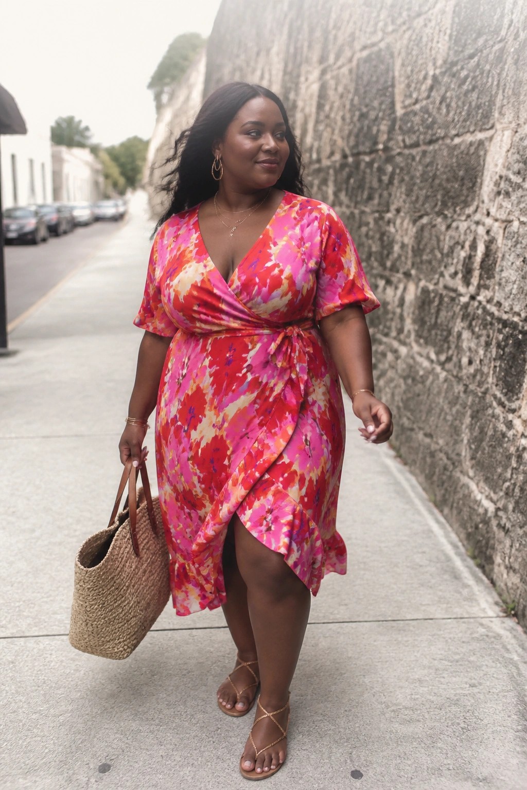 Plus size woman wearing a red pink floral print wrap dress with short sleeves and waist tie paired with gold strappy sandals and a woven straw tote.