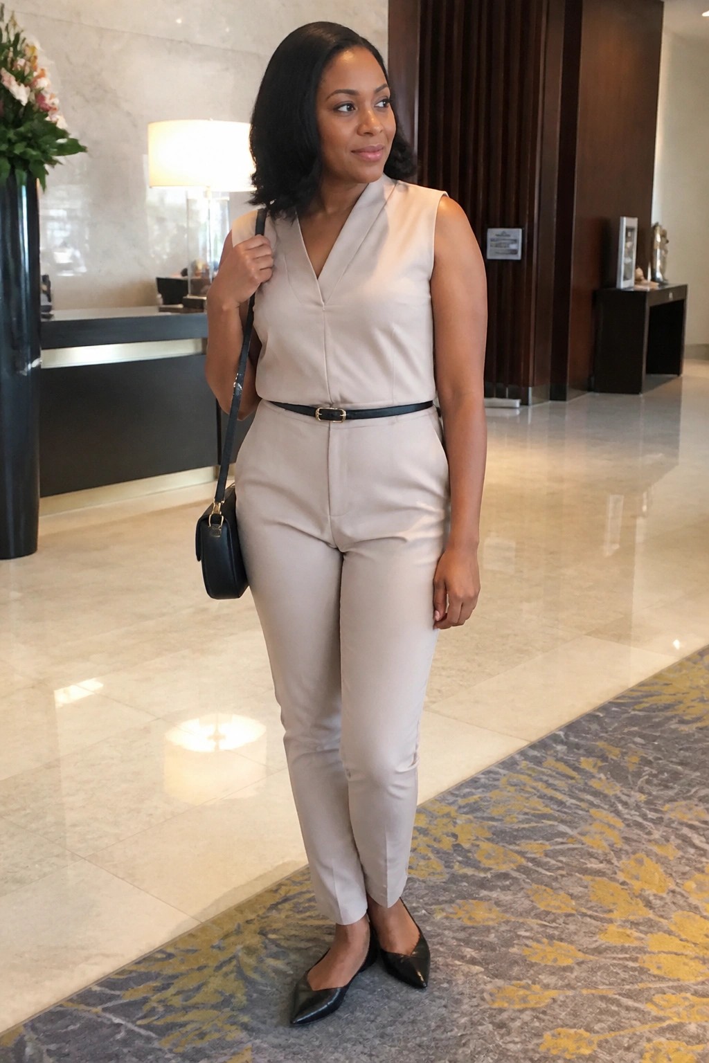 Woman in beige sleeveless jumpsuit with black belt and handbag in marble lobby