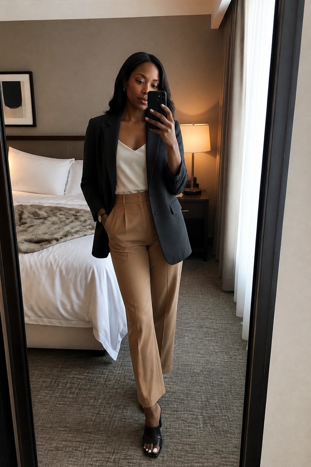 Woman in black blazer and tan trousers taking mirror selfie in hotel room