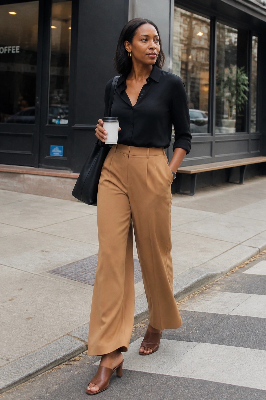 Woman in black shirt and tan trousers holding coffee on city sidewalk
